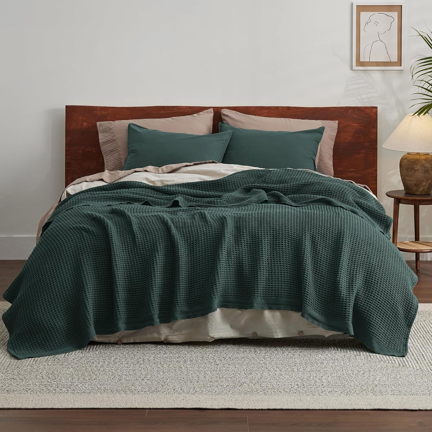 Bedsure 100% Cotton Blanket King Size for Bed - Breathable and Soft, Waffle Weave Blanket for Summer, Thick Cozy Fall Blankets for Women Gift, Dark Green, 104x90 inches