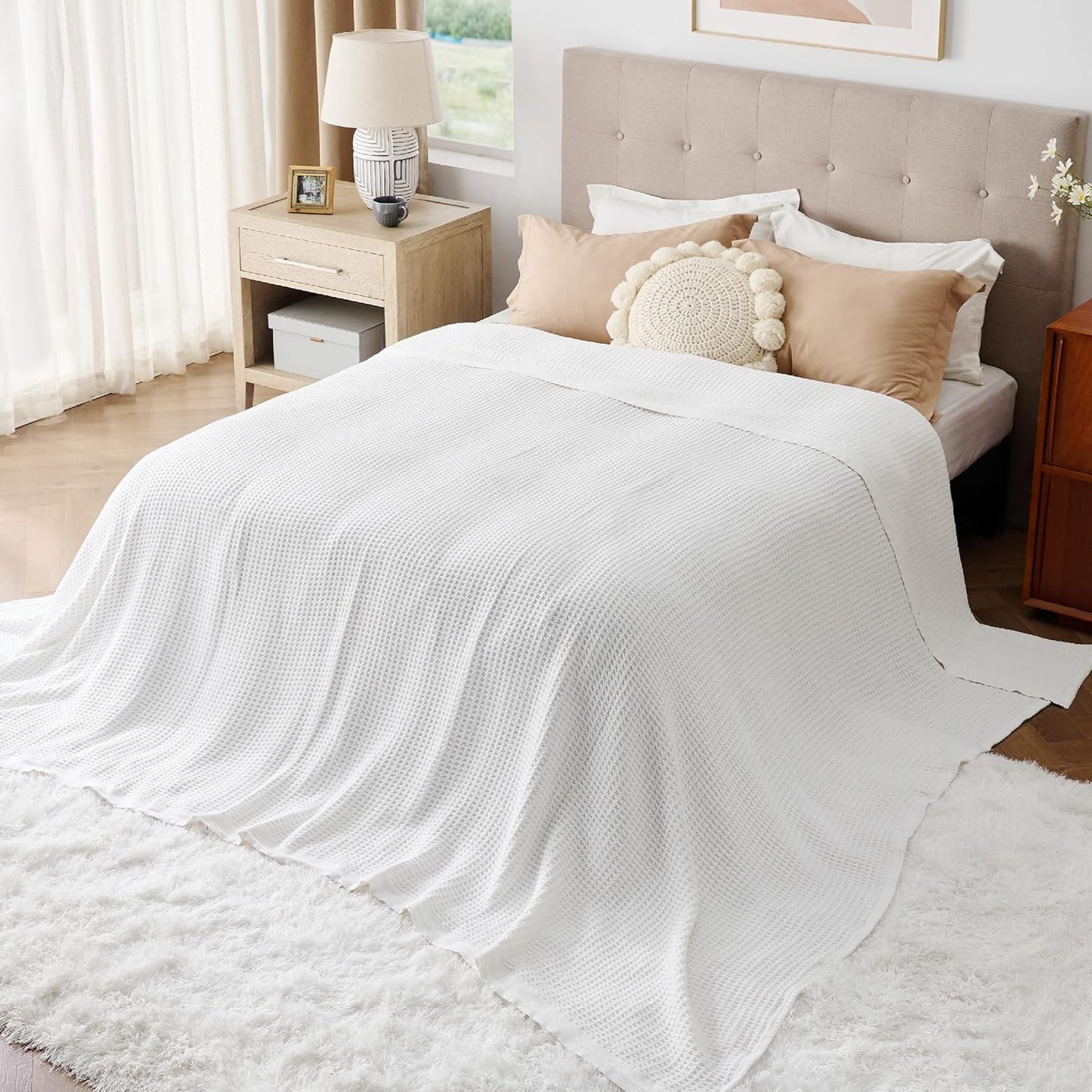 Bedsure 100% Cotton Large Blanket Oversized King for Bed - Breathable Thick Waffle Weave Blanket for Summer, Couch Cover, White, 120x94 inches