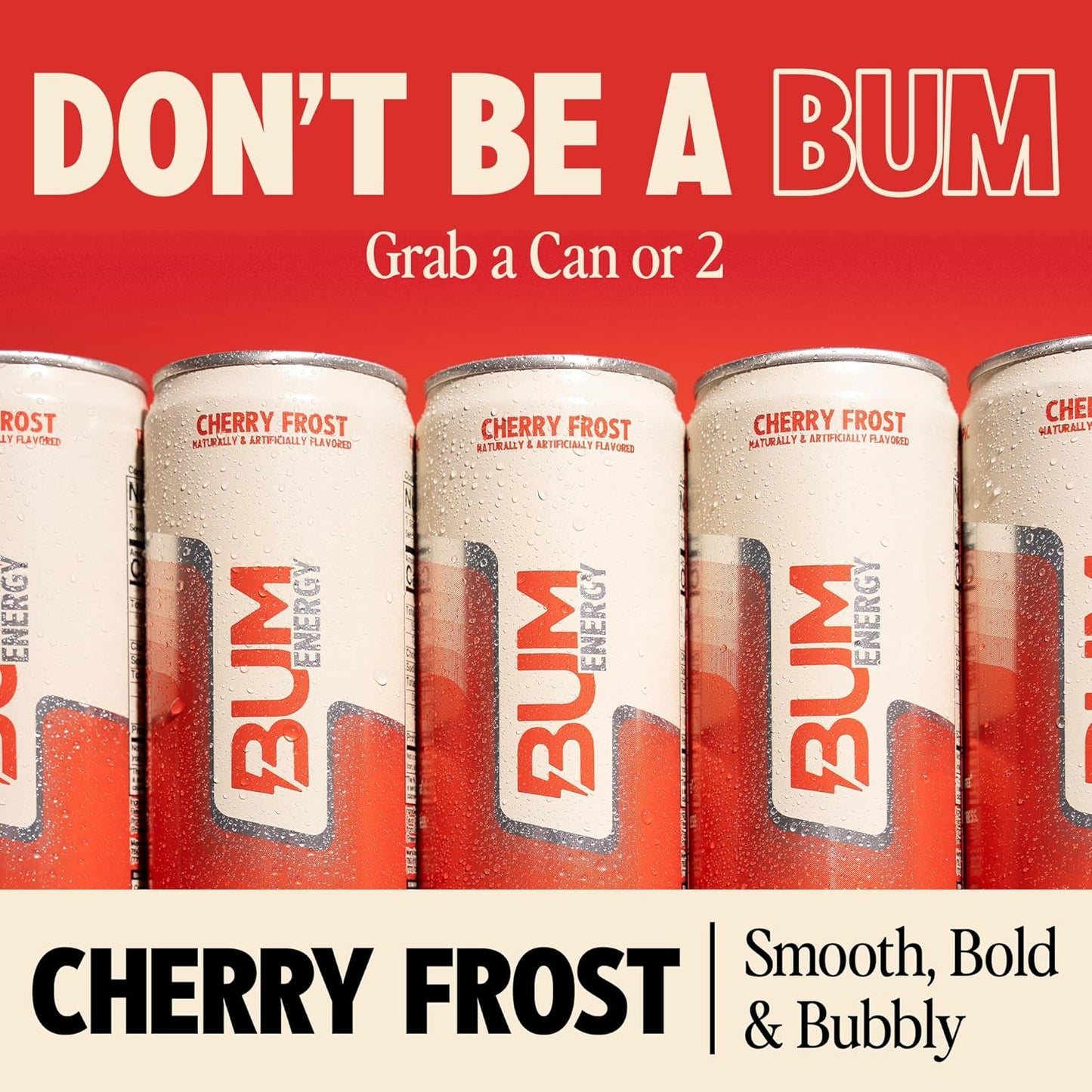 BUM Sugar-Free Energy Drink, Cherry Frost - Lightly Carbonated & No Artificial Colors, Natural Caffeine & Citicoline for Energy & Focus, Brain Boost & Workout Sports Beverage - 12 oz, Pack of 12