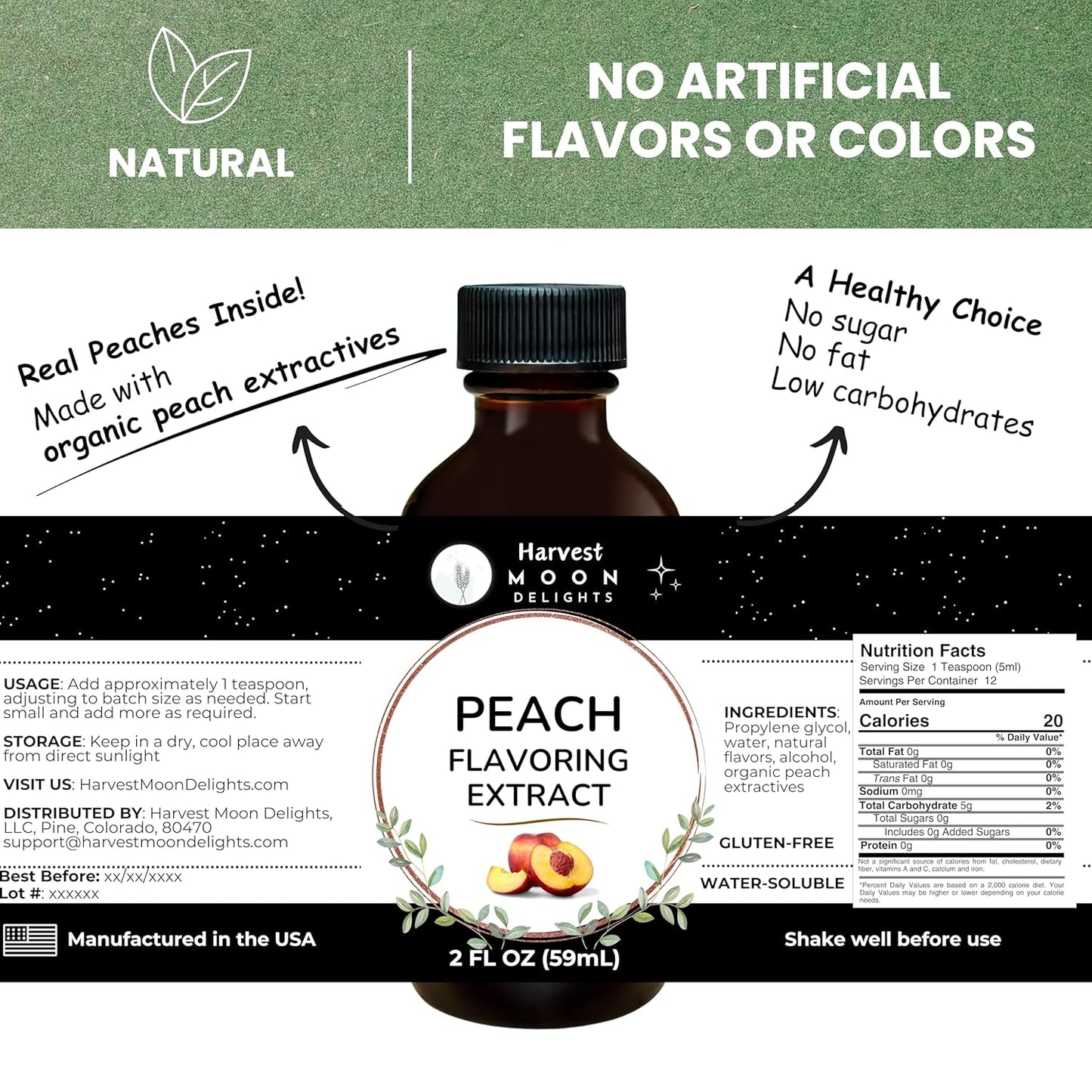 Natural Peach Extract - 2 oz - Water-Soluble - By Harvest Moon Delights - Peach Extract for Baking, Ice Cream, Drinks, and Candy - Sugar Free