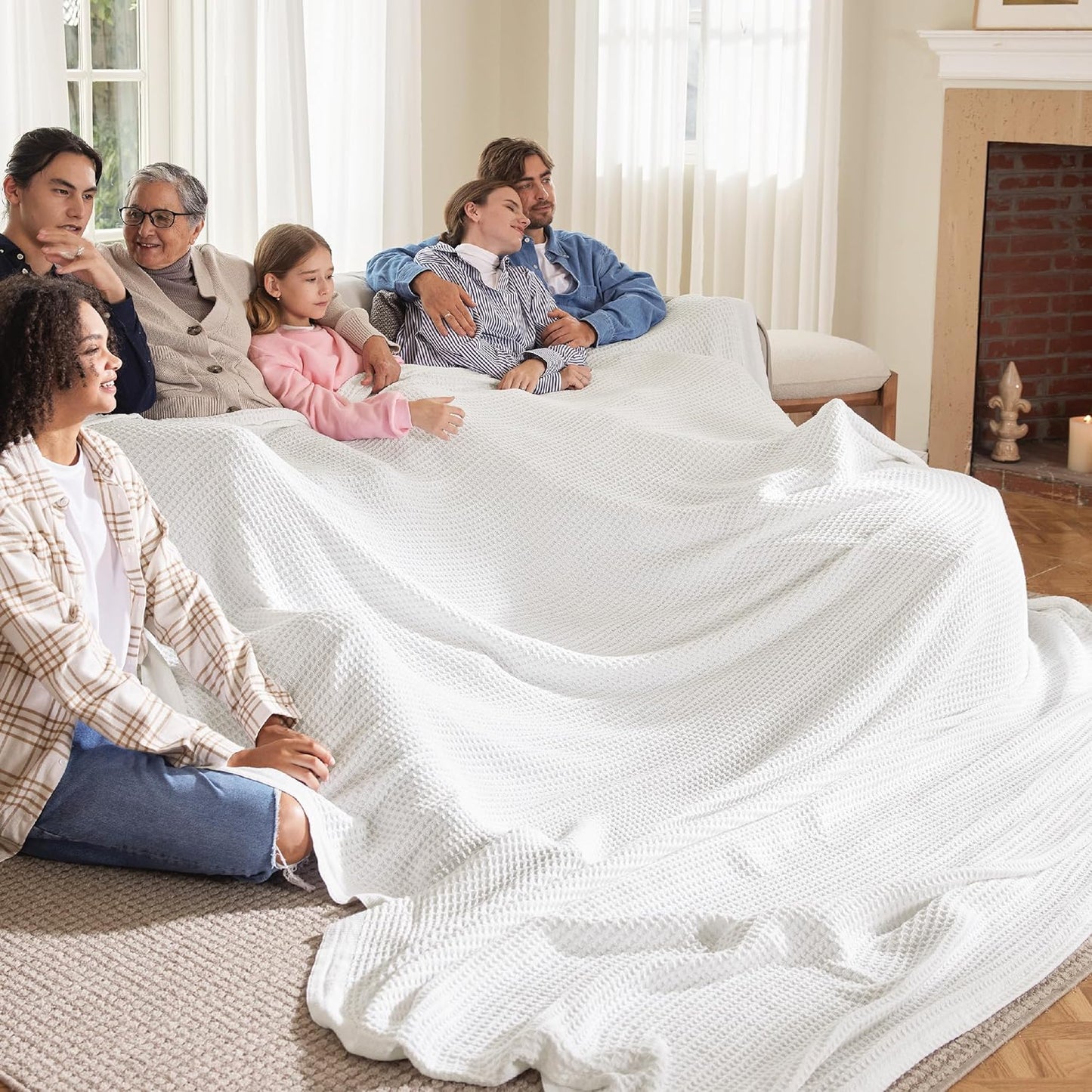 Bedsure 100% Cotton Large Blanket Oversized King for Bed - Breathable Thick Waffle Weave Blanket for Summer, Couch Cover, White, 120x94 inches