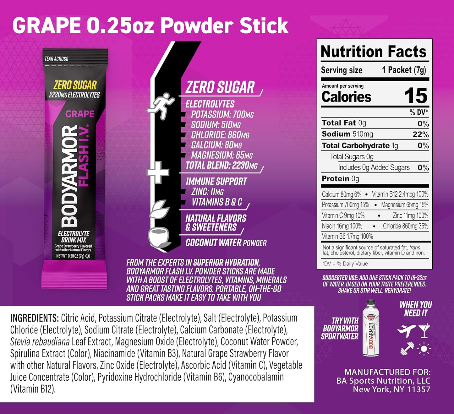 BODYARMOR Flash IV Electrolyte Packets, Grape - Zero Sugar Drink Mix, Single Serve Packs, Coconut Water Powder (6 Count)