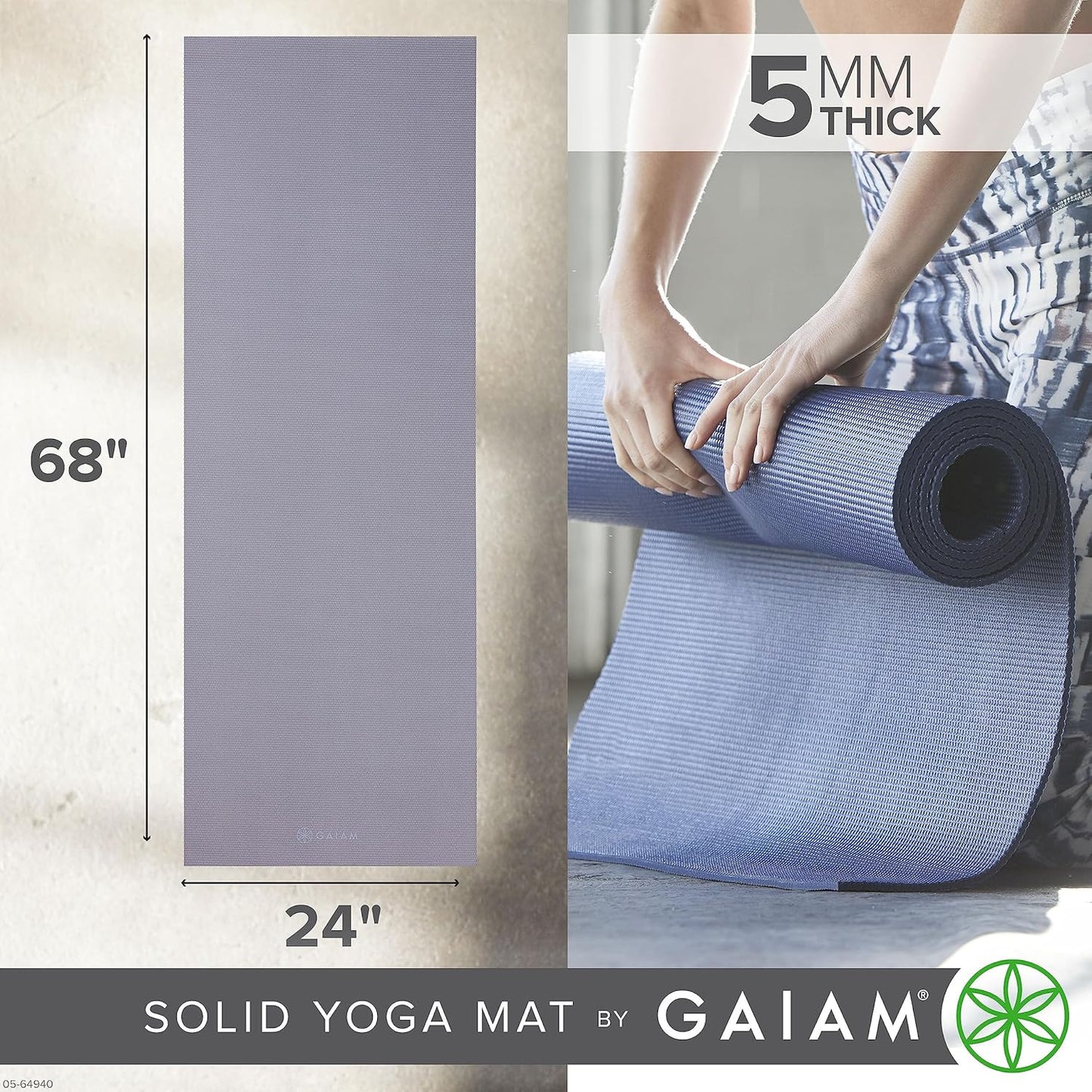 Gaiam Yoga Mat - Premium 5mm Solid Thick Non Slip Exercise & Fitness Mat for All Types of Yoga, Pilates & Floor Workouts (68" x 24" x 5mm)