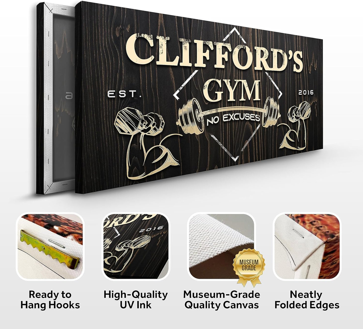 Tailored Canvases Personalized Gym Sign Wall Art Decor - Motivational Canvas for Home, Workout Room, Garage, Fitness Center - Inspirational Posters With Name on Wooden Background, 48x24in