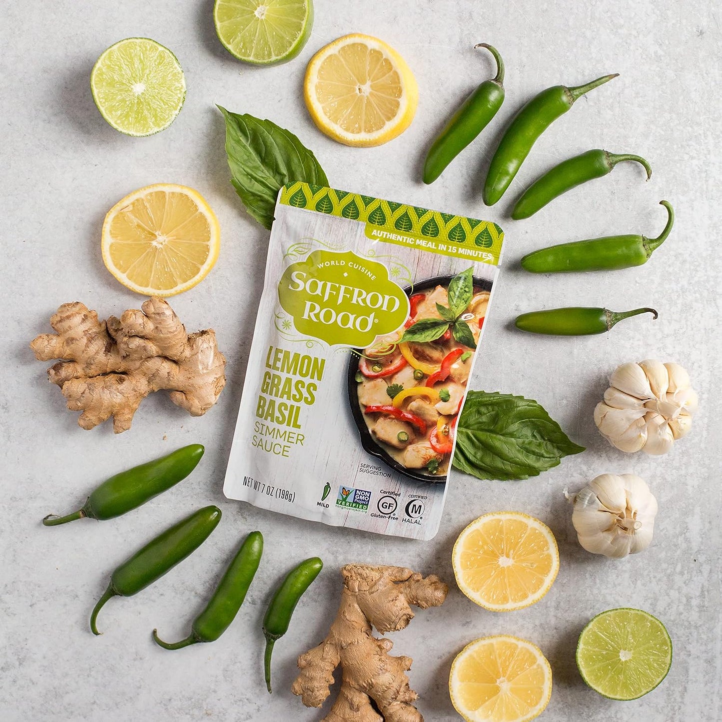 Saffron Road Lemongrass Basil Simmer Sauce | Globally Inspired Simmer Sauce | Gluten-free, Vegan, Non-GMO, and Certified Halal and Kosher | 7.0oz Pouch | Pack of 4