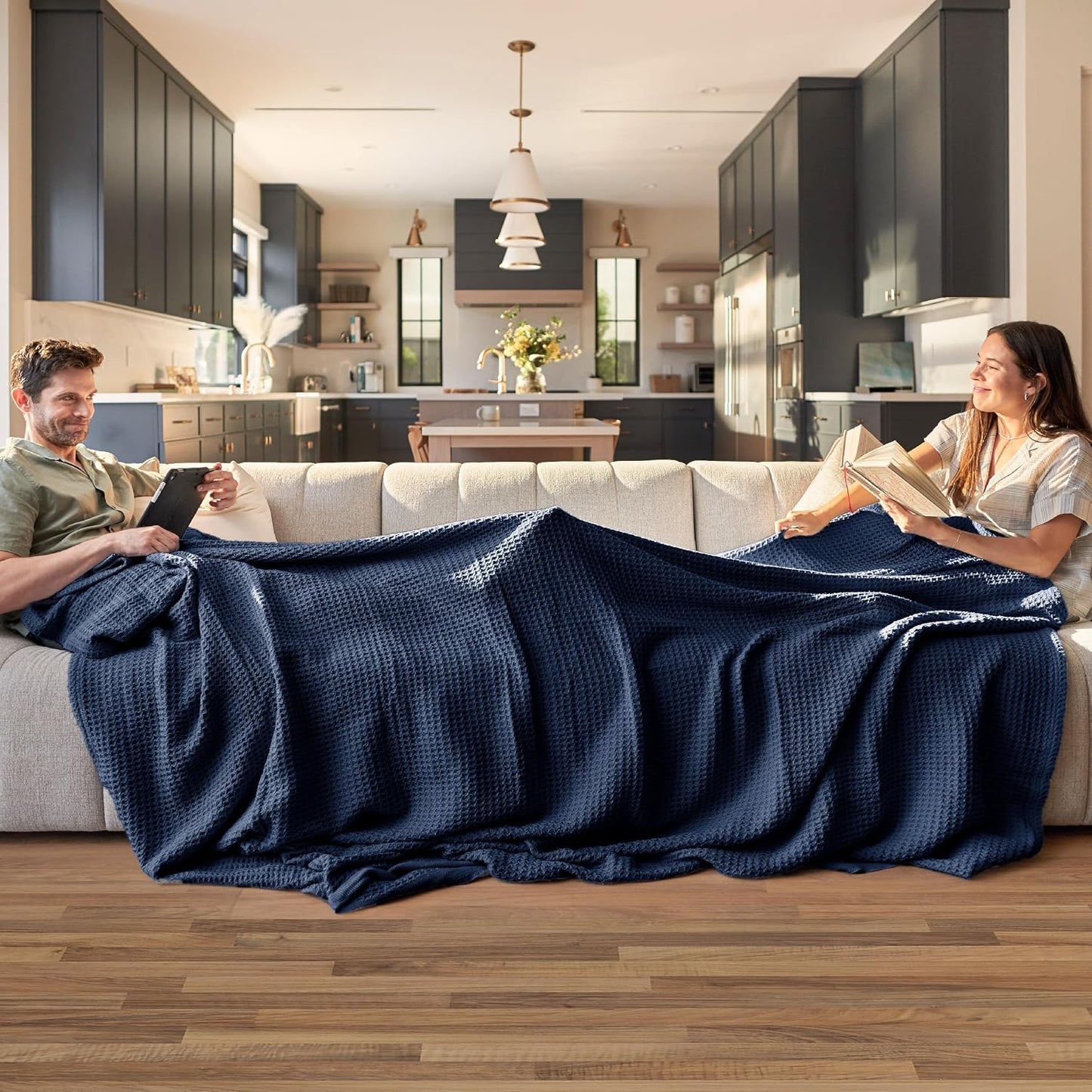 Bedsure 100% Cotton Blanket Queen Size for Bed - Breathable and Soft, Waffle Weave Blanket for Summer, Thick Cozy Fall Blankets for Women Gift, Pageant Blue, 90x90 Inches