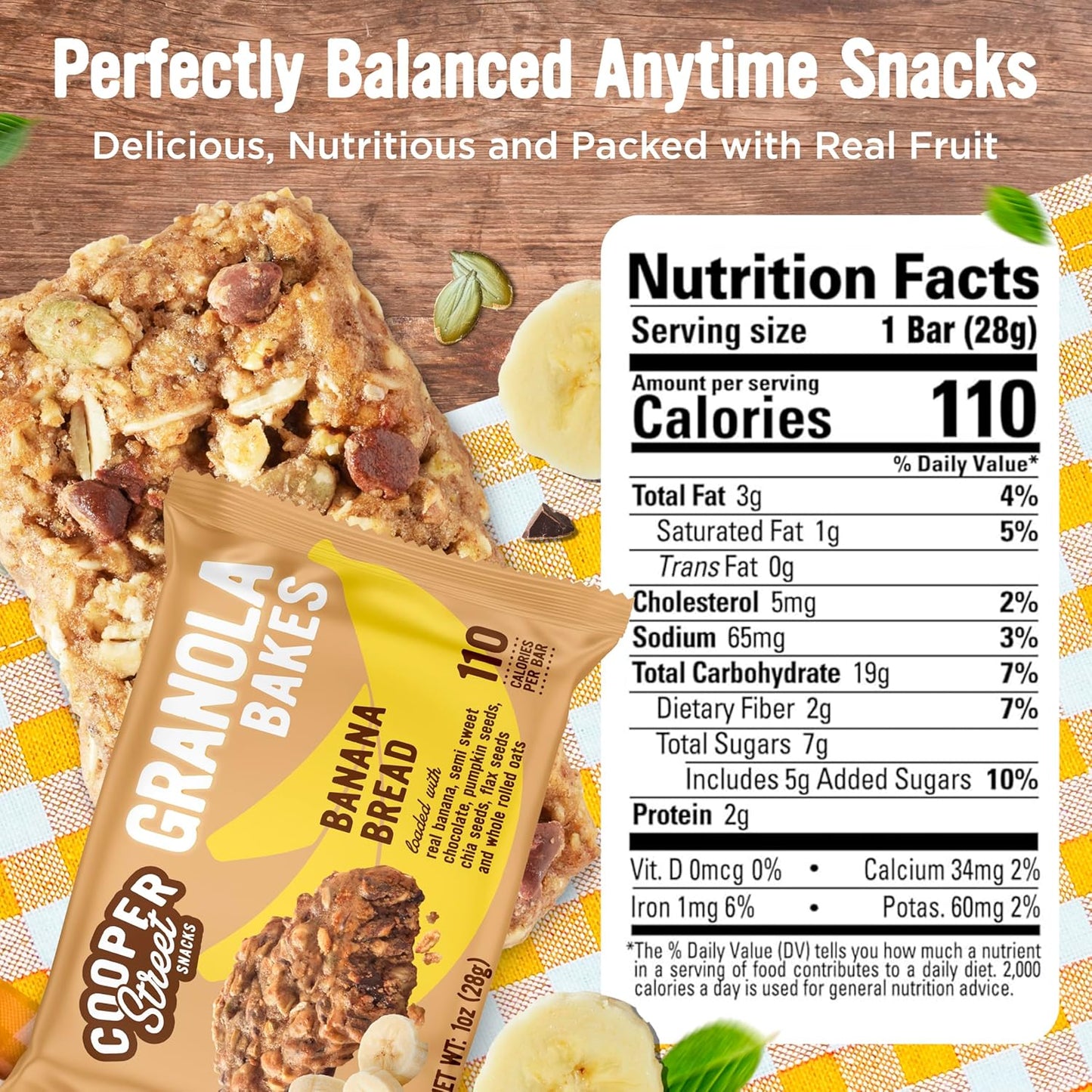 Cooper Street Banana Bread Granola Bakes (12 pack) - Individually Wrapped Soft and Chewy Breakfast Granola Bars - Nut, Dairy & Soy Free - Great As Kids Snacks For School, Hiking Or Work