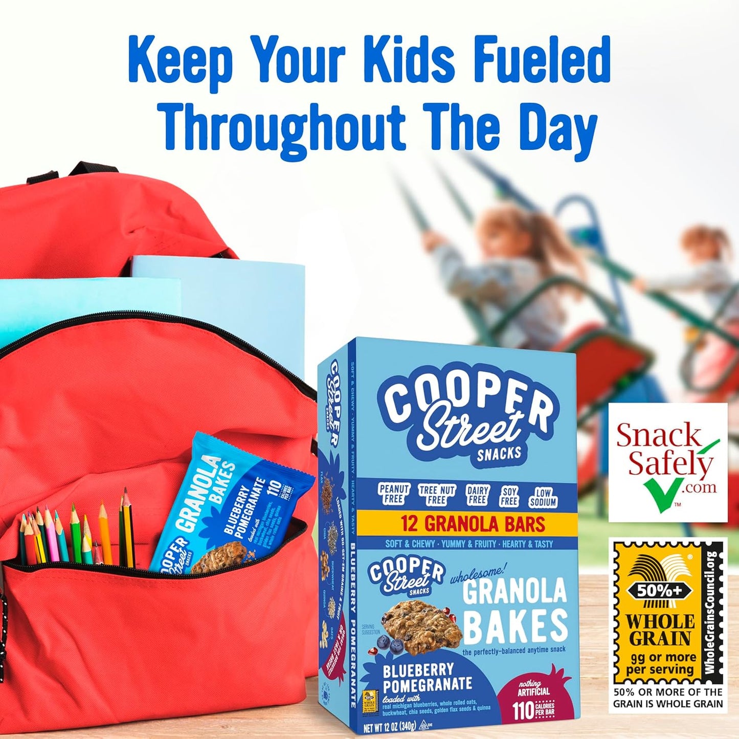 Cooper Street Blueberry Pomegranate Granola Bakes (12 bars) - Individually Wrapped Soft and Chewy Breakfast Granola Bars - Nut, Dairy & Soy Free - Great As Kids Snacks For School, Hiking Or Lunchbreak