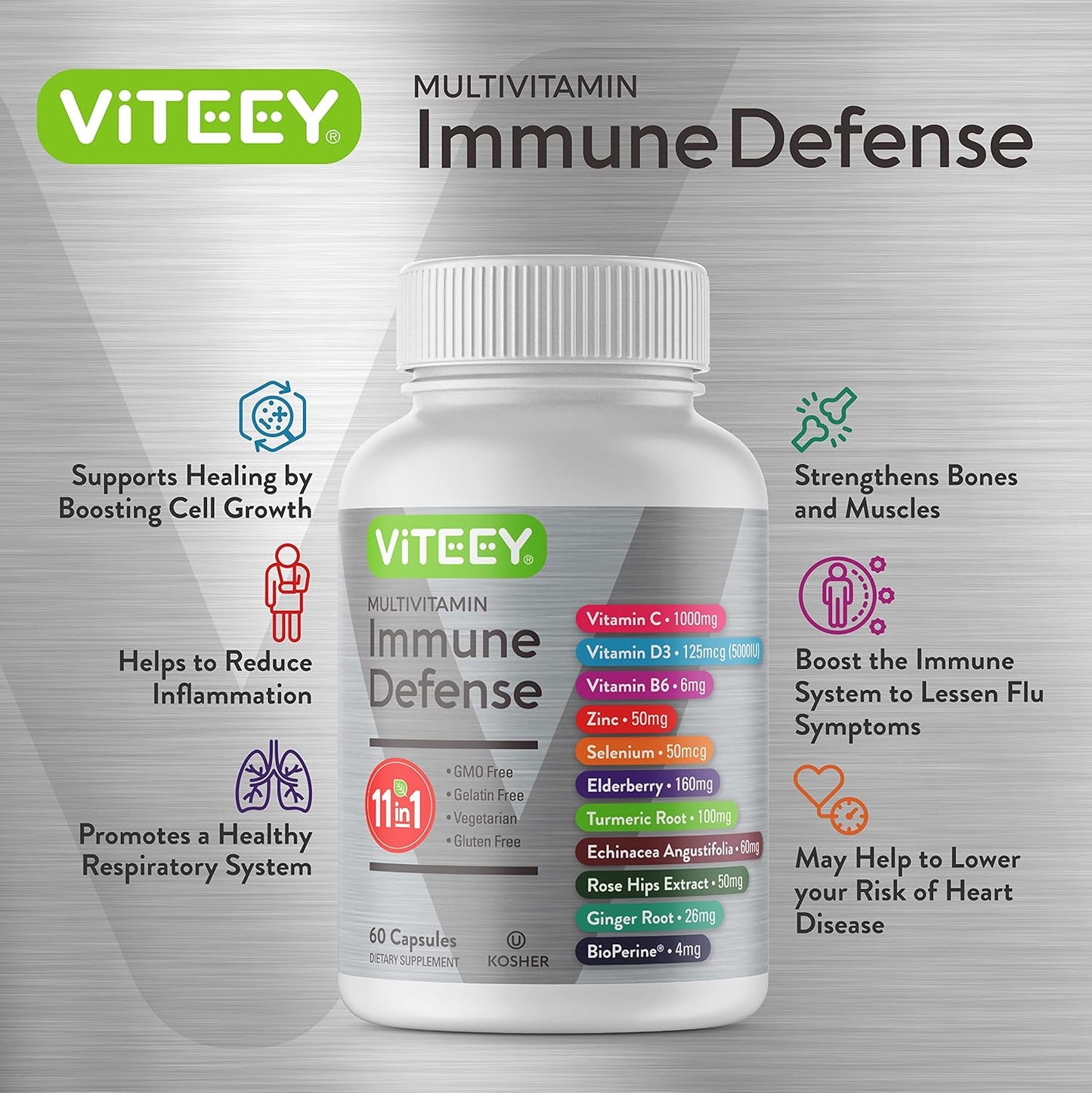 VITEEY 11 in 1 Immune Support Supplement - Immune Defense with Vitamin D3, B6, Echinacea, Turmeric, Rose-HIPS, Selenium, BioPerine, Ginger, Elderberry Vitamin C and Zinc - 120 Count