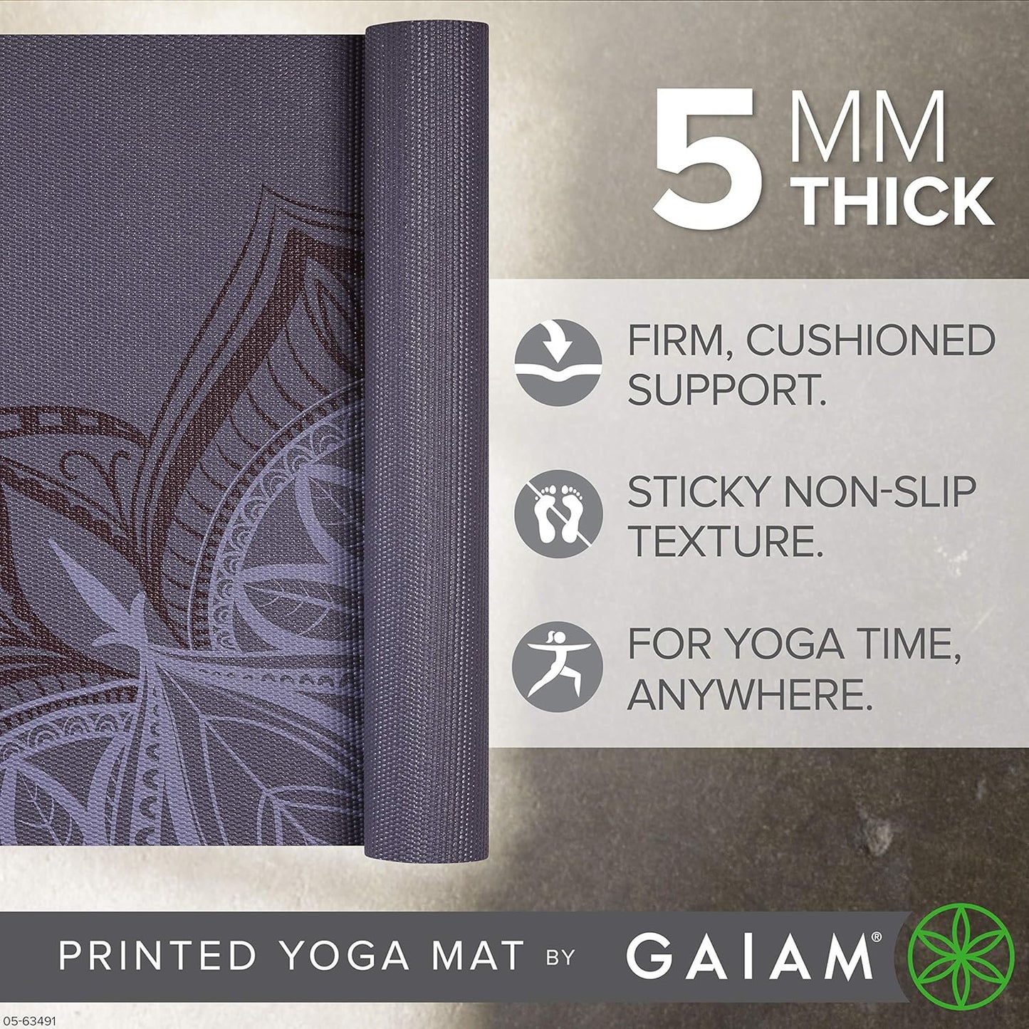 Gaiam Yoga Mat - Premium 5mm Print Thick Non Slip Exercise & Fitness Mat for All Types of Yoga, Pilates & Floor Workouts (68" x 24" x 5mm)