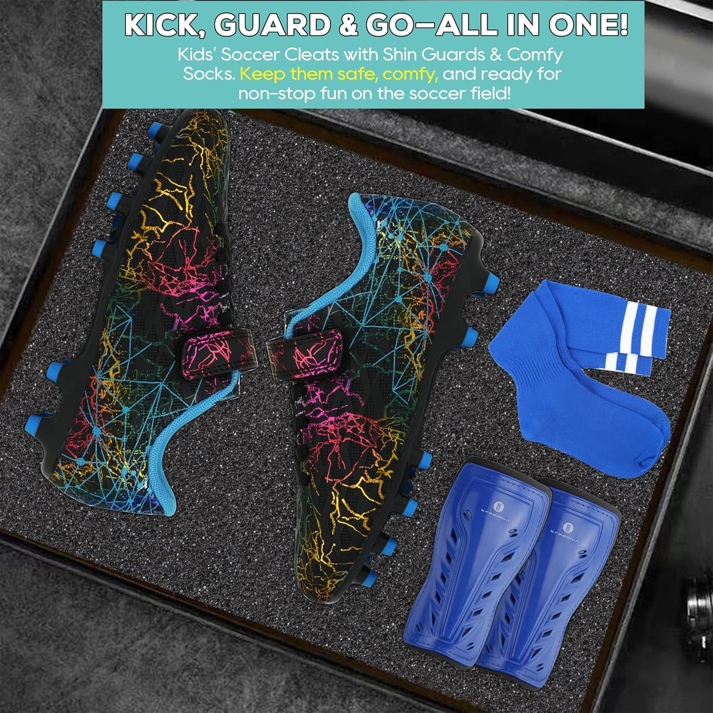 brooman Kids Firm Ground Soccer Cleats Girls Football Cleats with Shin Guards and Soccer Socks