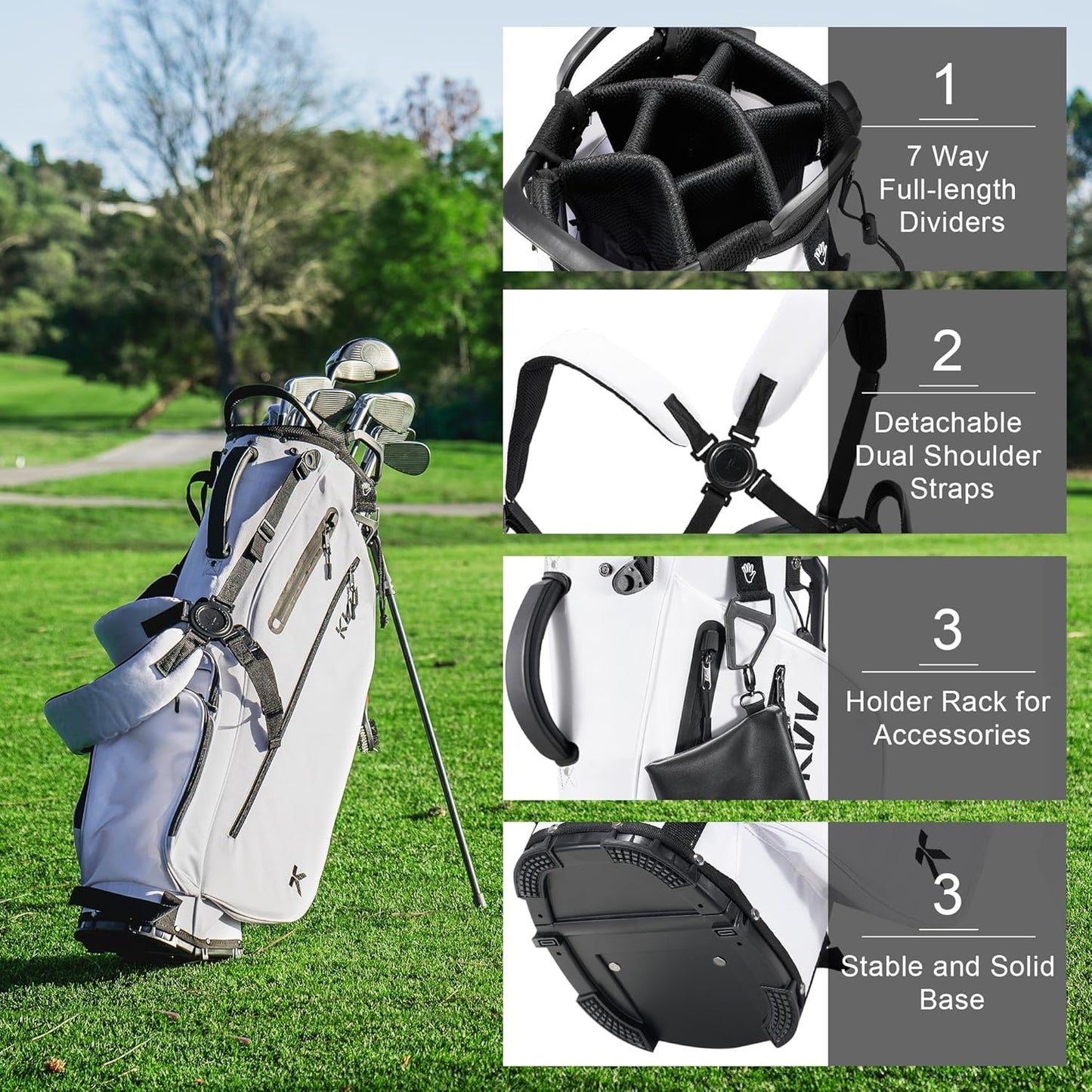 KVV Lightweight Golf Stand Bag with 7 Way Full-Length Dividers, 5 Zippered Pockets, Automatically Adjustable Dual Straps，Elegant Design