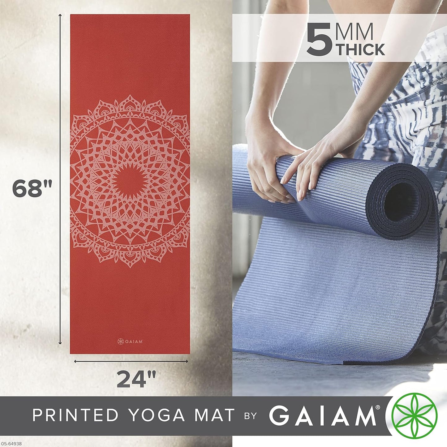 Gaiam Yoga Mat - Premium 5mm Print Thick Non Slip Exercise & Fitness Mat for All Types of Yoga, Pilates & Floor Workouts (68" x 24" x 5mm)