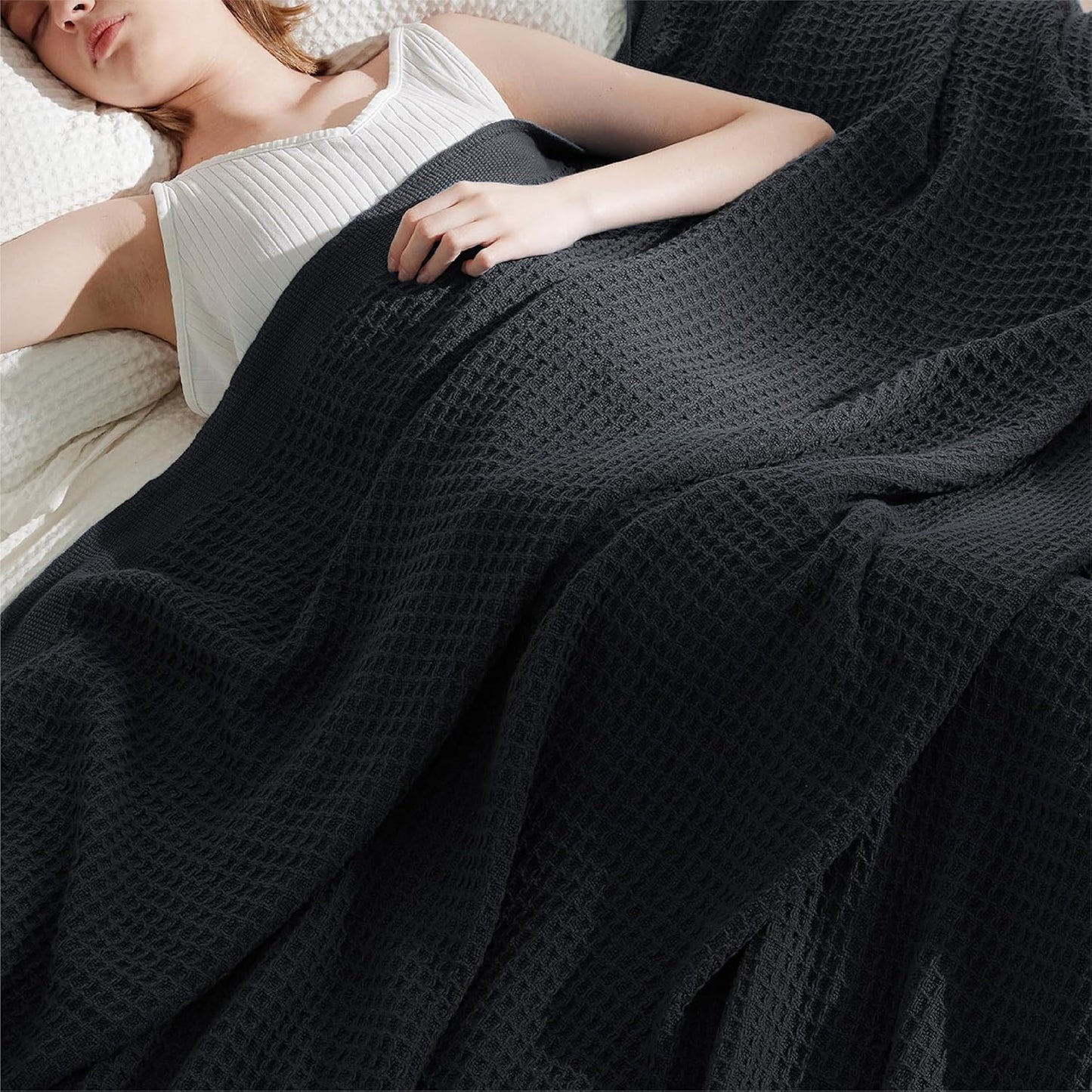 Bedsure 100% Cotton Blanket Twin XL Size for College Dorm - Breathable and Soft, Waffle Weave Twin Blanket for Summer, Dorm Room Essentials, Black, 66x90 inches