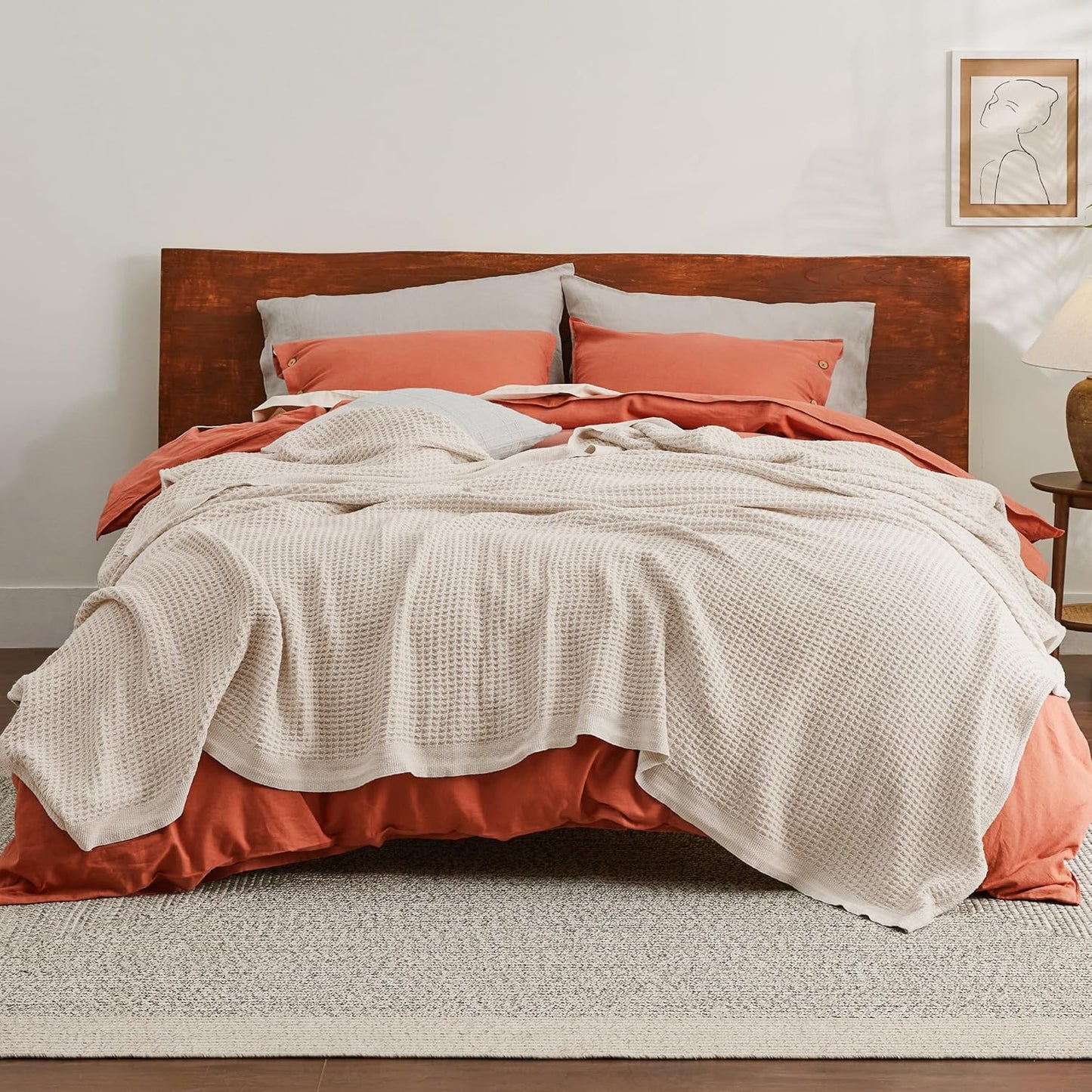 Bedsure 100% Cotton Blanket Queen Size for Bed - Breathable and Soft, Waffle Weave Blanket for Summer, Thick Cozy Fall Blankets for Women Gift, Khaki (a Little Bit Yellow), 90x90 Inches