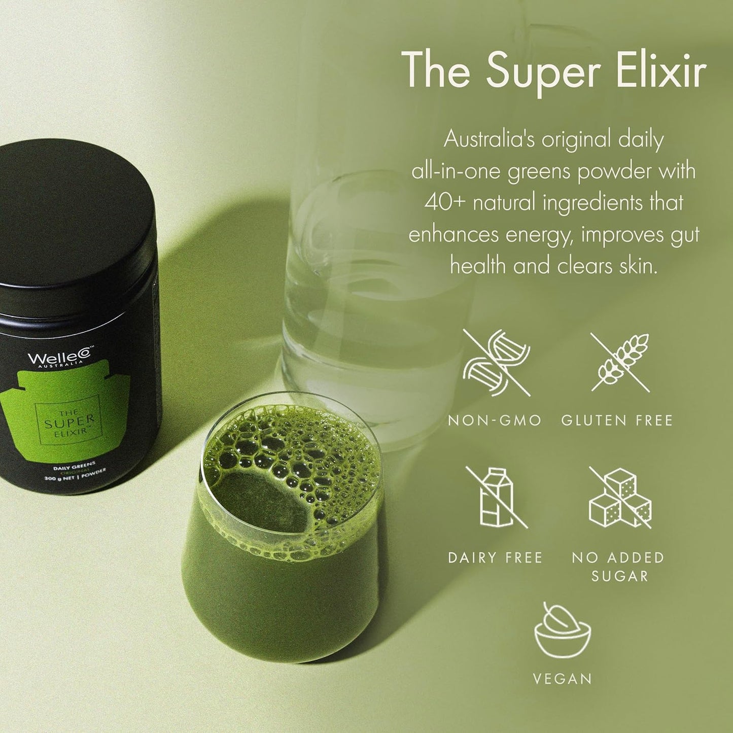 WelleCo The Super Elixir Daily Greens Powder, Probiotic Drink Mix with Whole Foods, Gluten Free, Vegan Gut Health Powder, Energy, Immunity, Healthy Skin, Hair & Nails (300g, Pineapple & Lime Jar)
