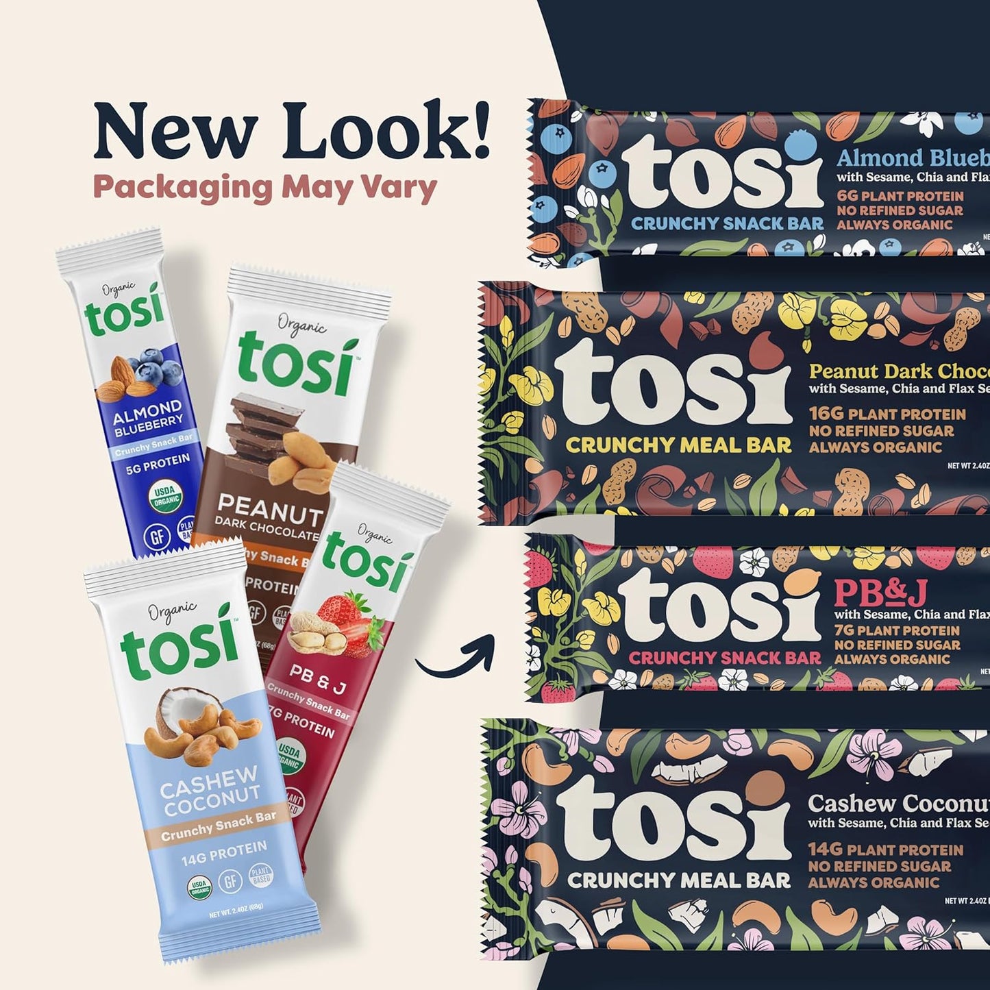 Tosi Cashew Blueberry Protein Bars - Crunchy Nut & Seed Vegan Snack Bars, Gluten Free, 6g Plant Based Protein, Organic Flax, Chia, Sesame Seeds, Omega 3s, Low in Sugar, No Soy - 1 oz, 12-Pack