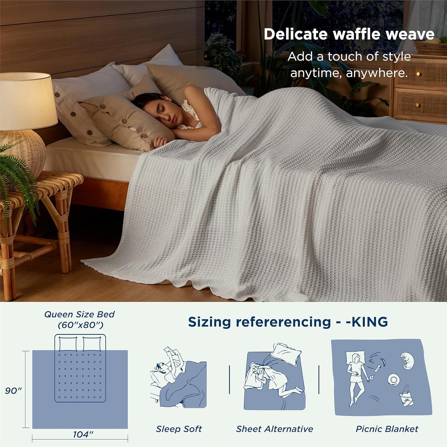 Bedsure 100% Cotton Blanket King Size for Bed - Breathable and Soft, Waffle Weave Blanket for Summer, Thick Cozy Fall Blankets for Women Gift, White, 104x90 inches