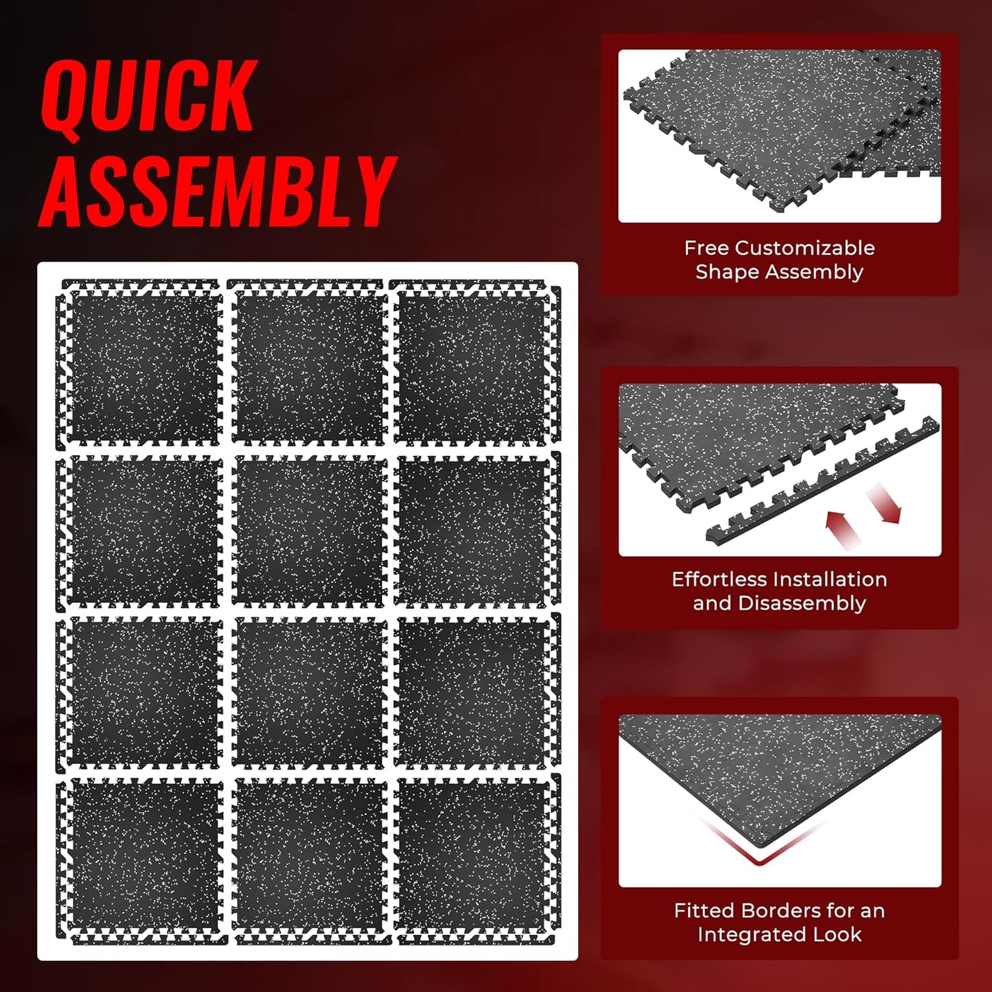 SUPERJARE 0.56'' Thick 12 Pcs 48 Sq Ft Rubber Top Exercise Equipment Mats, High Density EVA Foam Mats with Rubber Top, Interlocking Gym Flooring for Home Gym, Protective Workout Mat, Black/Grey