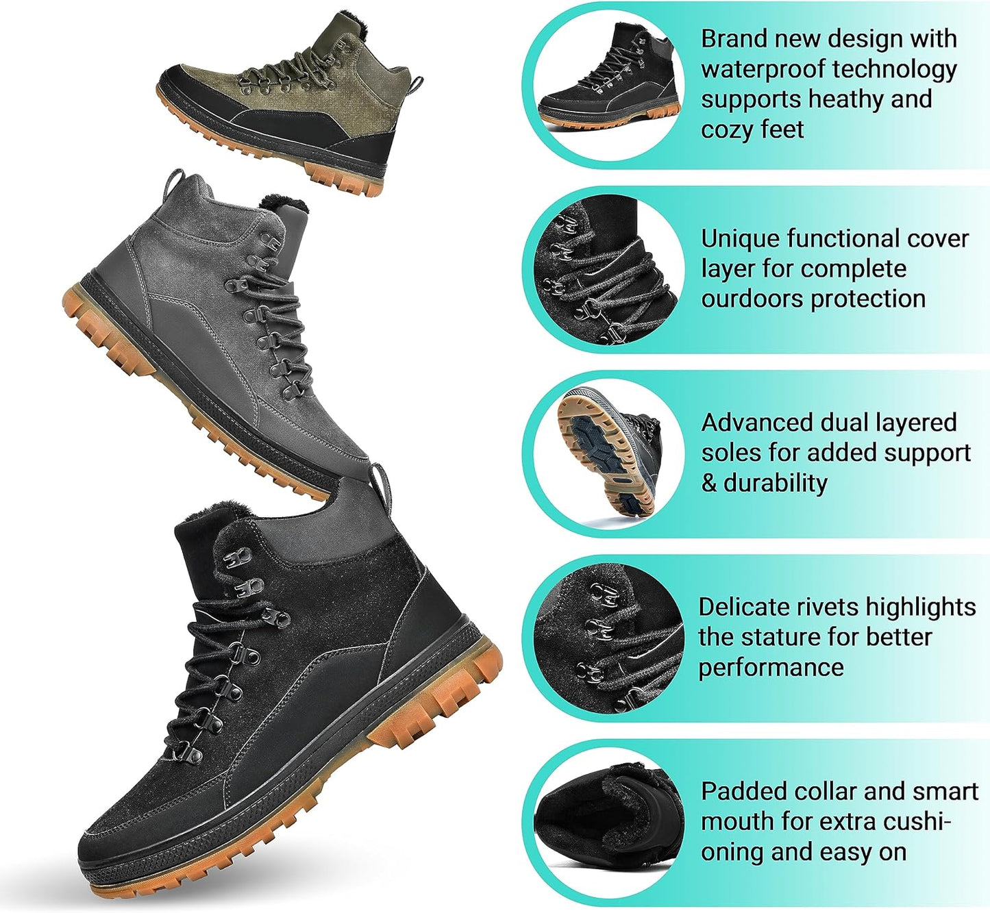 Wondamo Men's Snow Boots Lightweight Waterproof Winter Boots Fur Lined Anti-slip Cold Weather Shoes