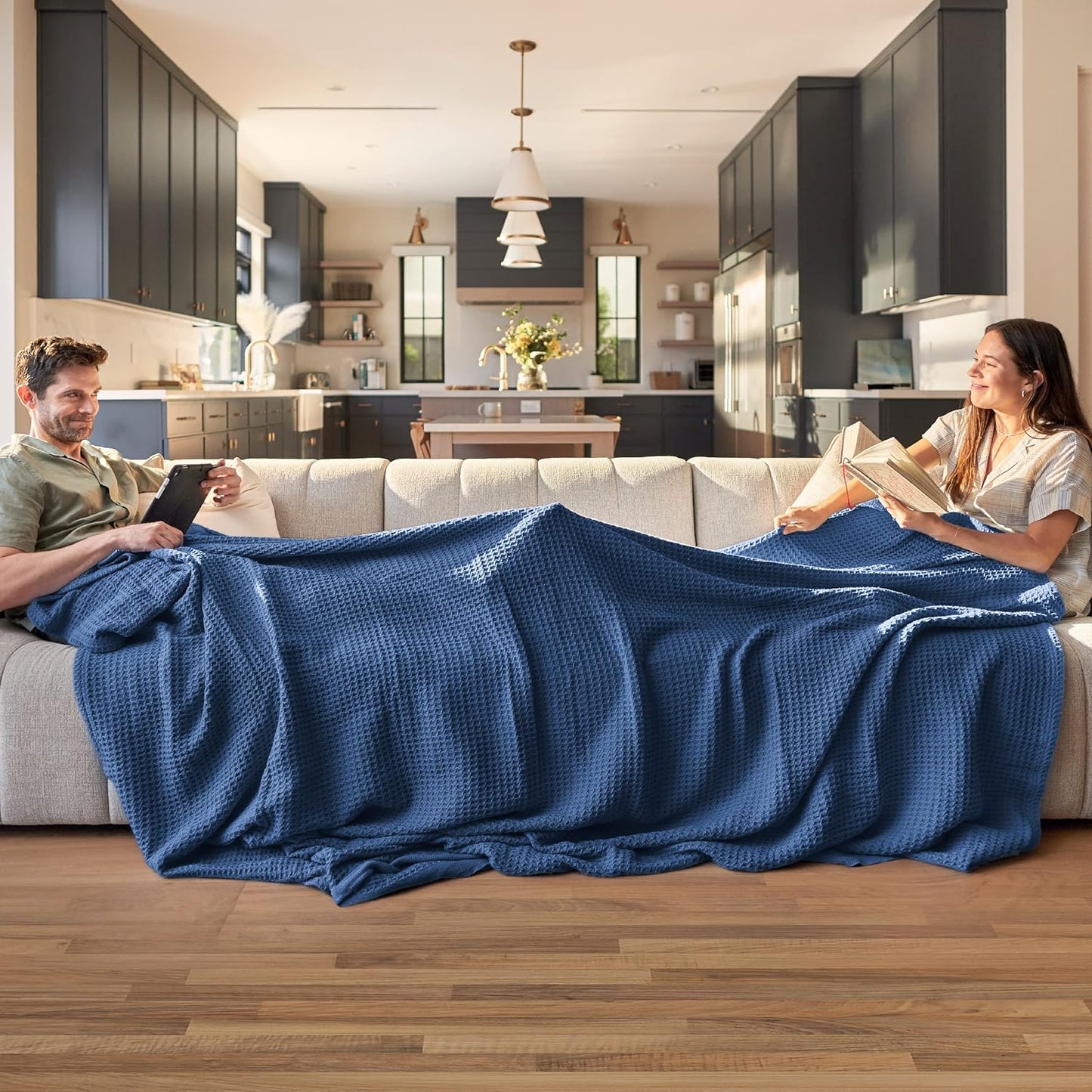 Bedsure 100% Cotton Large Throw Blanket for Couch 50x70 inches - Breathable and Soft, Waffle Weave Throw Blanket for Office, Navy