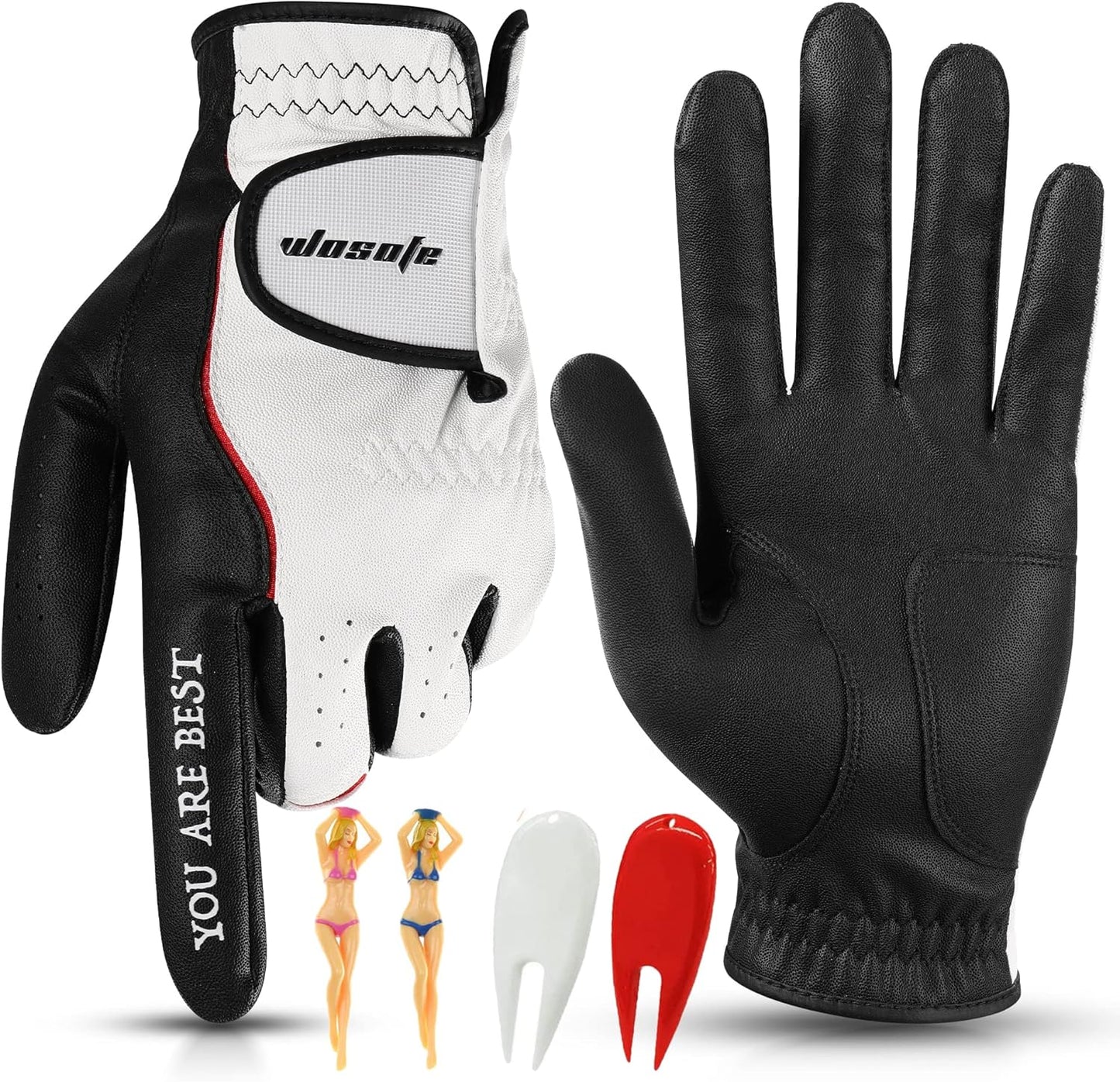 Golf Glove Men Left Hand Premium Leather Grip Soft Breathable Durable Fit All Weather with Golf Tee and Divot Repair Tool