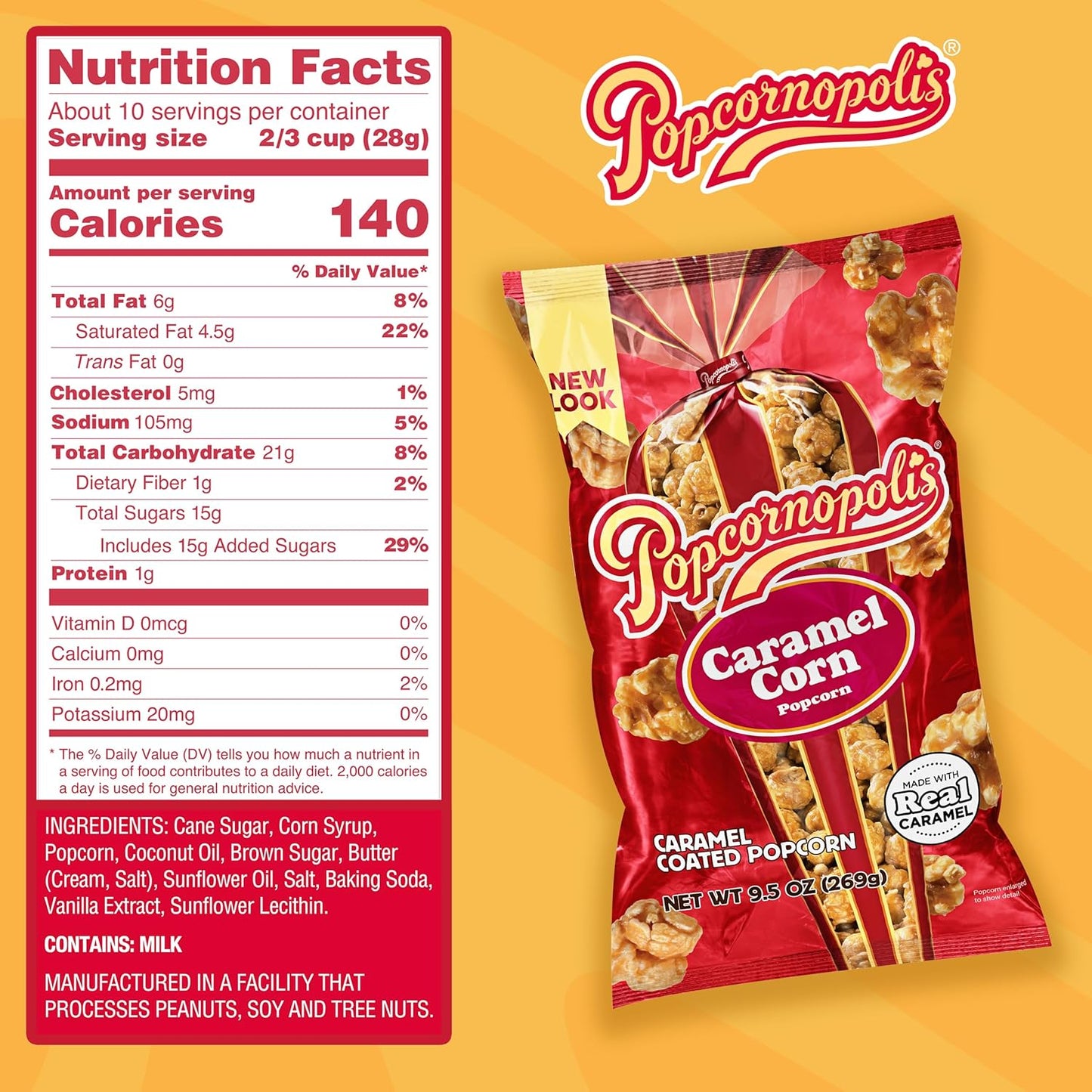 Popcornopolis Gourmet Caramel Corn Popcorn, Popped Popcorn Snack Bags 9.5 Oz (Pack of 2)