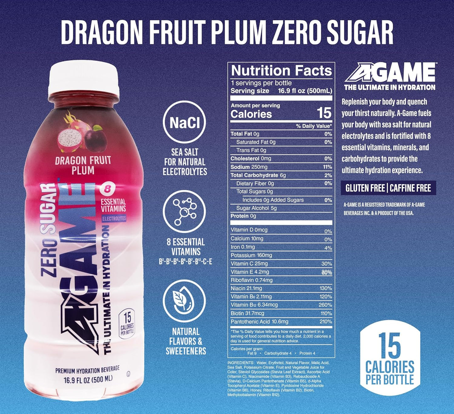 A-GAME Zero Sugar Sports Drink, Dragon Fruit Plum Zero Sugar, The Ultimate Sugar Free Hydration Sports Beverage, 8 Essential Vitamins including B, C, & E plus Sea Salt Electrolytes, All Natural Flavors, Gluten Free & Keto Friendly, 16.9 Fl Oz (Pack of 12)