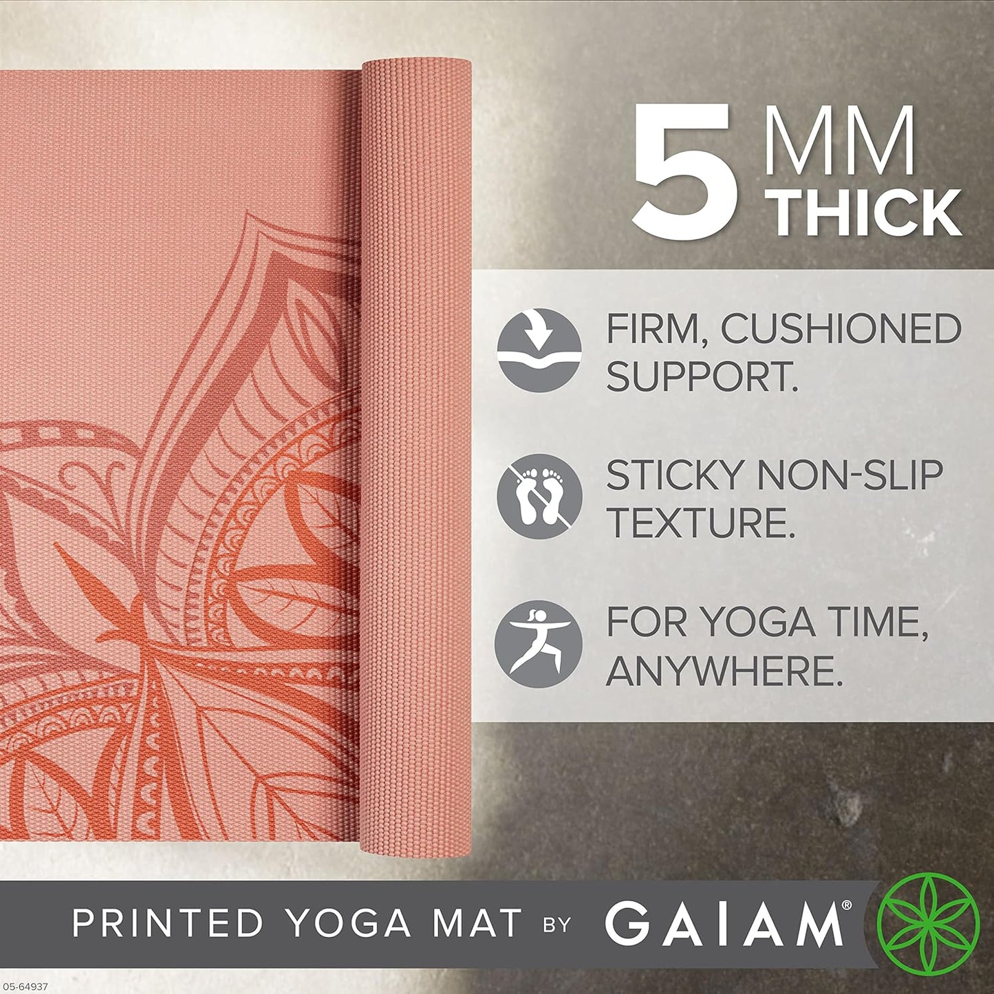 Gaiam Yoga Mat - Premium 5mm Print Thick Non Slip Exercise & Fitness Mat for All Types of Yoga, Pilates & Floor Workouts (68" x 24" x 5mm)