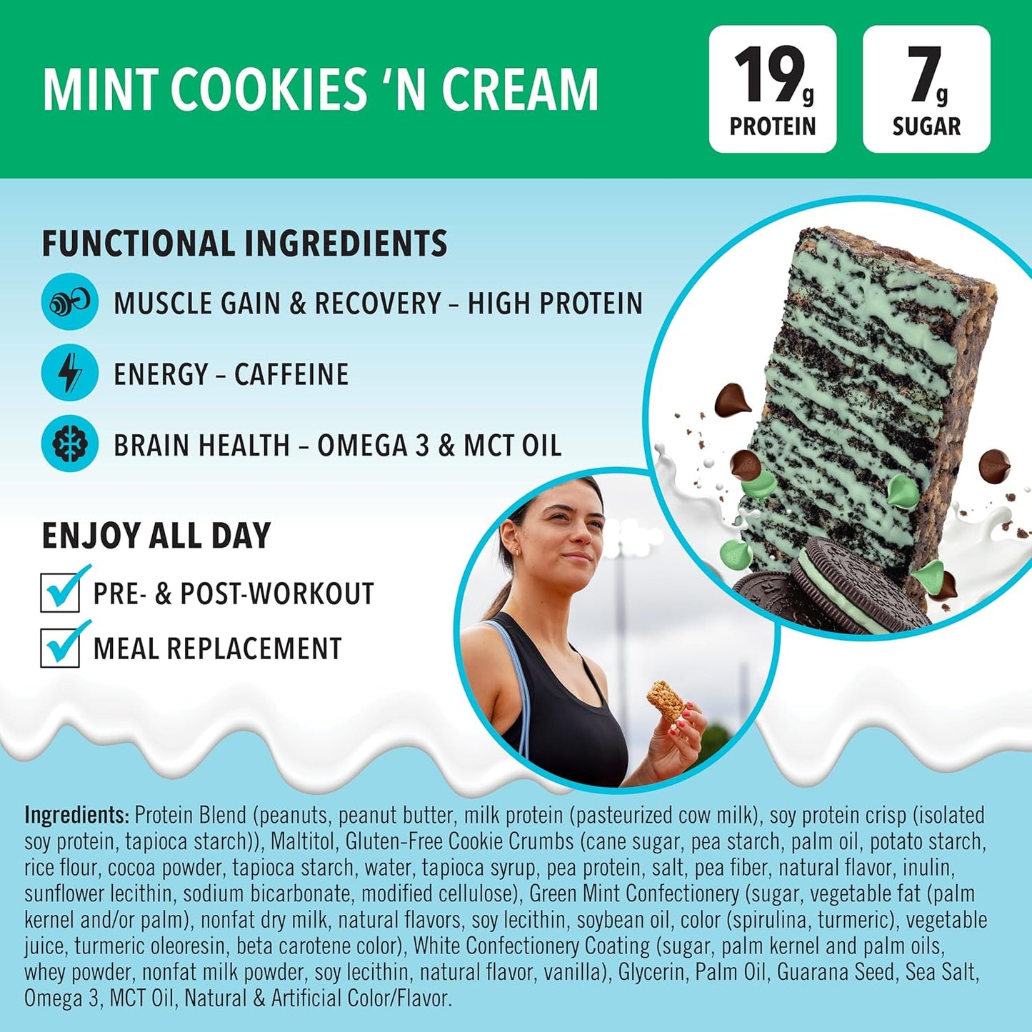 JiMMYBAR! Mint Cookies N Cream - 19g Protein Bars - 7g Low Sugar- 12 Count - 58g Health Bars - Functional Snack with Real Peanut Butter & Hand-Drizzled Chocolate Protein Bar