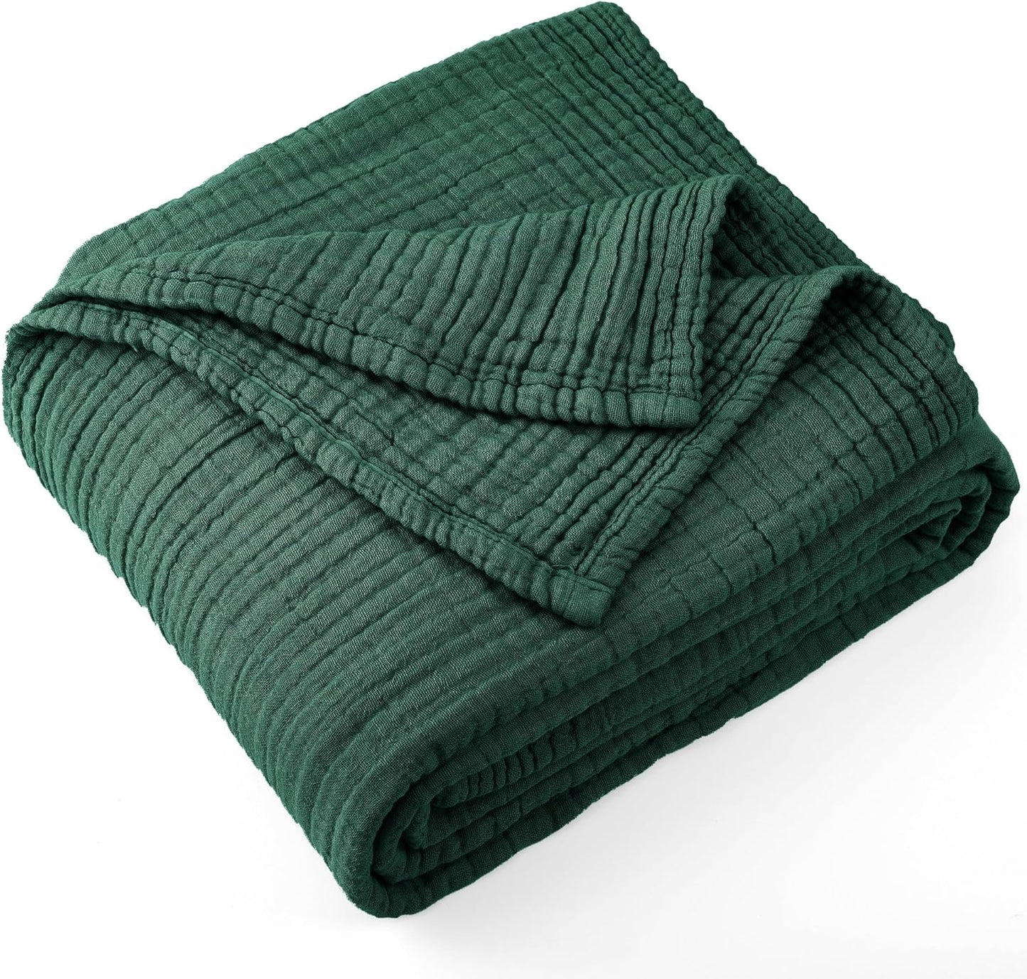 Carriediosa 100% Cotton Muslin Throw Blanket 66" X 90" Twin XL Size，4-Layers Summer Gauze Throws for Bed Couch，Soft Lightweight Breathable Linen Blankets Bedspread for Adults All Season，Dark Green
