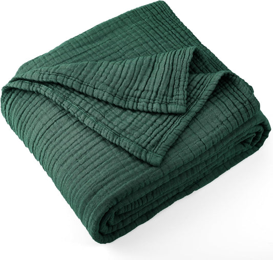 Carriediosa 100% Cotton Muslin Throw Blanket 50" X 70" Throw XL Size，4-Layers Summer Gauze Throws for Bed Couch，Soft Lightweight Breathable Linen Blankets Bedspread for Adults All Season，Dark Green