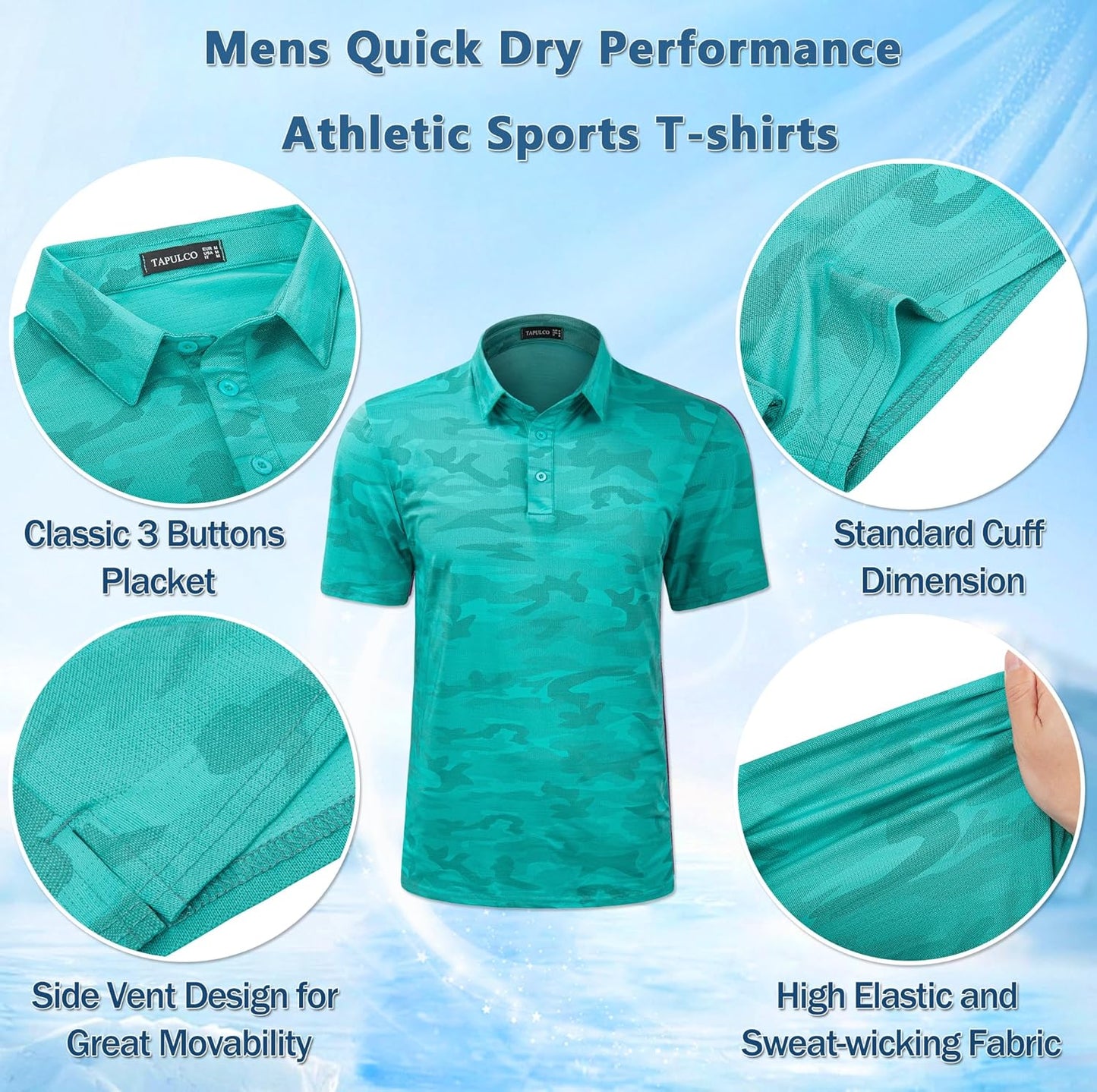 TAPULCO Mens Quick Dry Polo Shirts Camouflage Pattern Performance Athletic Lightweight Breathable Casual Golf Tshirts