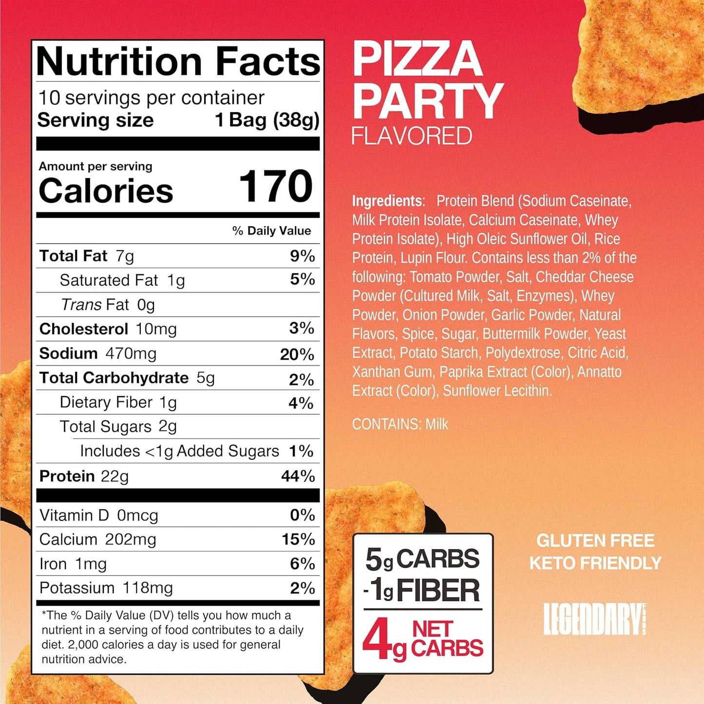 Legendary Foods Pizza Party Protein Chips – Popped Tortilla Style – 22g High Protein, 4g Net Carbs, Low Sugar, Gluten Free, Keto Snack Packs – 10 Count – Healthy Crunchy Chips
