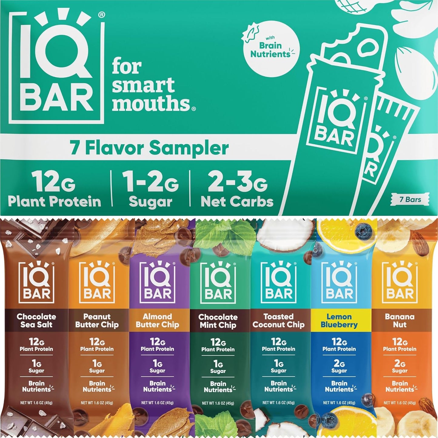 IQBAR Brain and Body Plant Protein Bars - 7 Bar Sampler Pack - Gluten Free, High Fiber, Vegan Snacks - Low Sugar Meal Replacement
