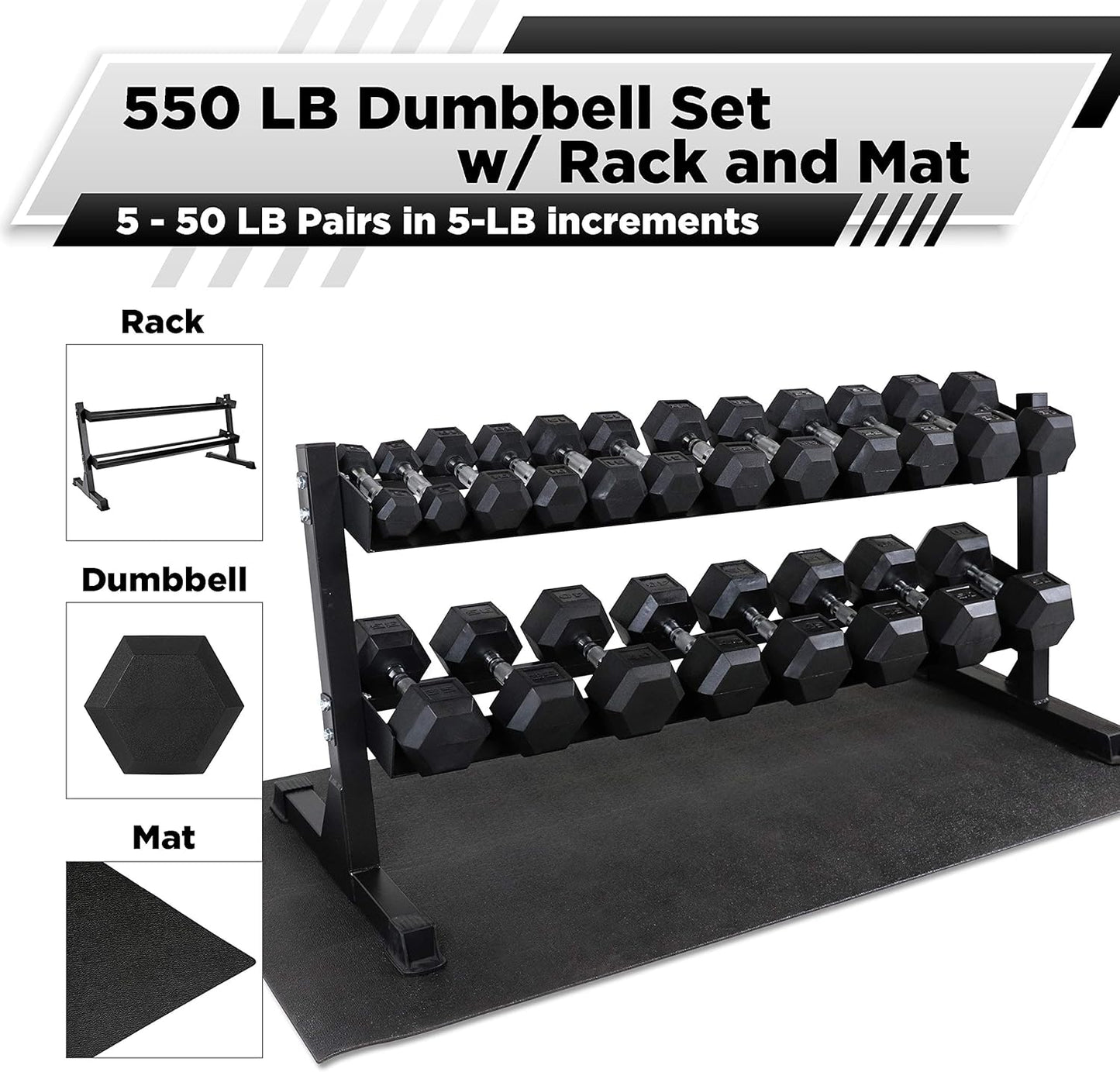WF Athletic Supply Rubber Coated Hex Dumbbell Set, Multiple Choices Available - Dumbbells with Rack Stand and Mat, or Dumbbells Only (200/550/1200/2100/3000 LB)