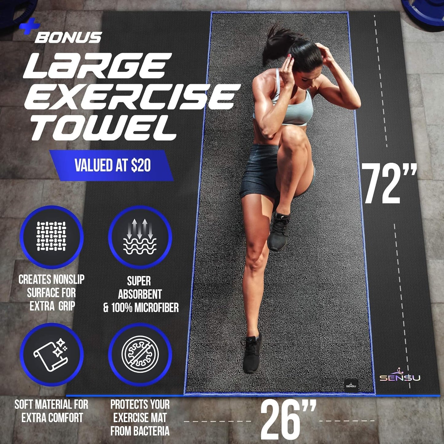 Sensu Large Exercise Mat – 6' x 4' x 8.5mm Extra Thick – Durable and Shoe-Friendly Workout Mat for Home Gym – Non-Slip Fitness Mat for Strength Training, Stretching, Cardio, and Balance Exercises