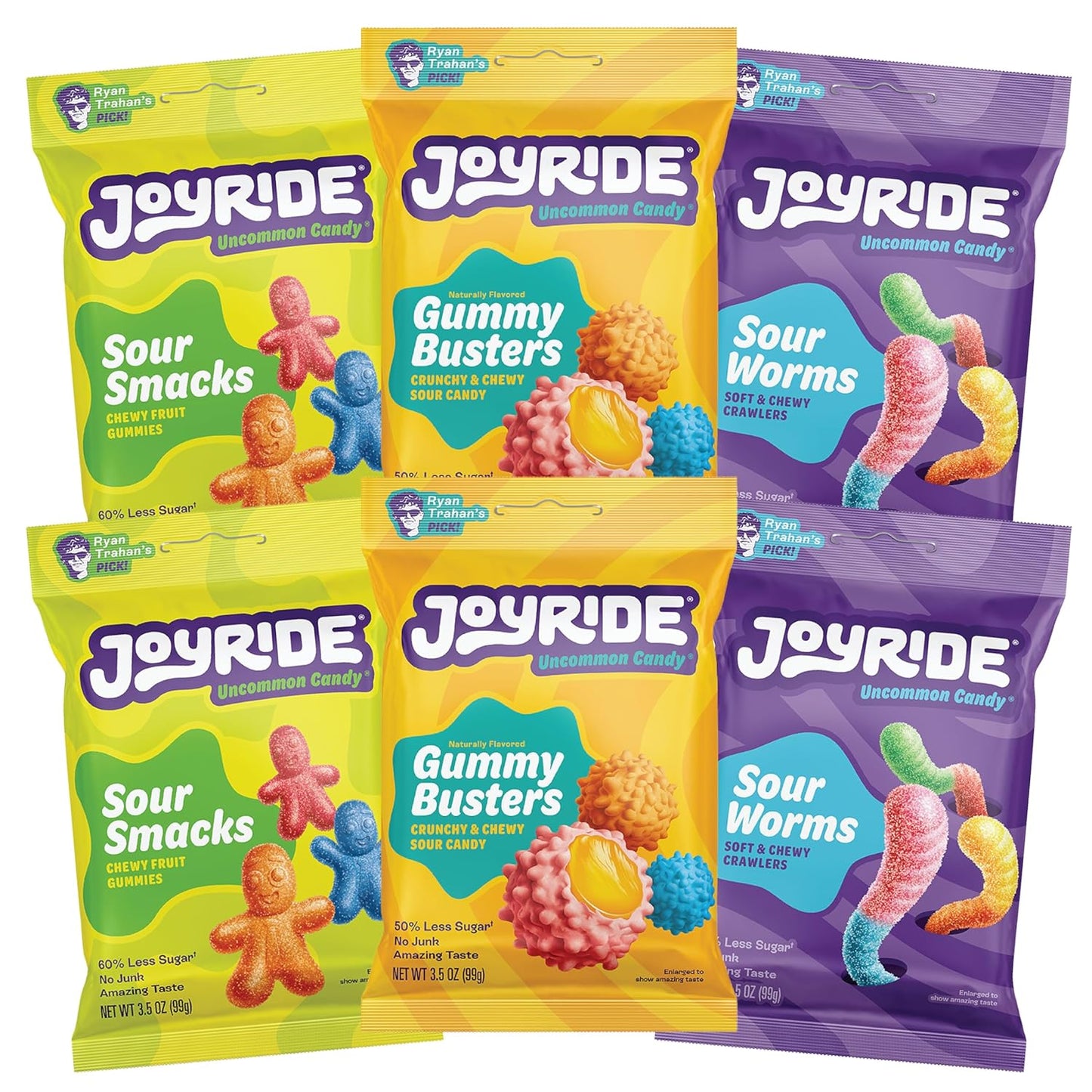 JOYRIDE Innovative Variety 6 Pack - Gummy Busters, Sour Smacks, Sour Worms, Low Calorie Gummy Candy, Low Sugar, Dye Free (6 Items)