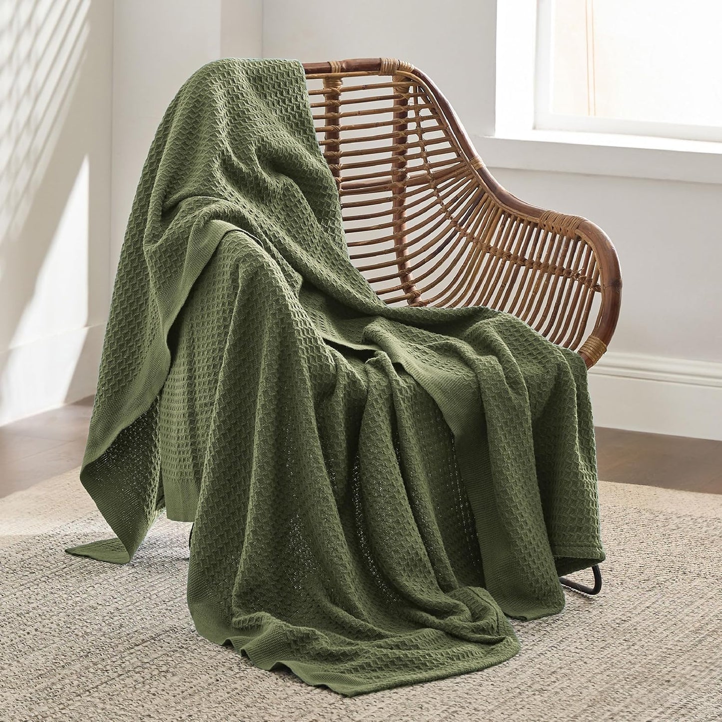 Bedsure 100% Cotton Blanket Twin XL Size for College Dorm - Breathable and Soft, Waffle Weave Twin Blanket for Summer, Dorm Room Essentials, Olive Green, 66x90 inches