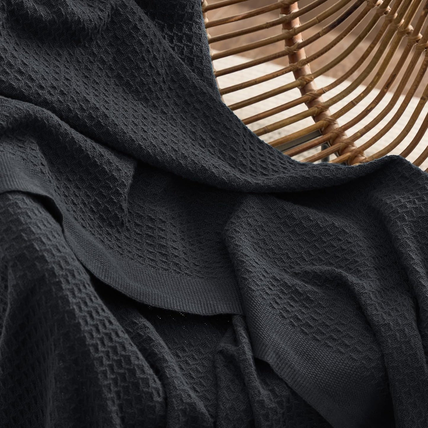 Bedsure 100% Cotton Large Throw Blanket for Couch 50x70 inches - Breathable and Soft, Waffle Weave Throw Blanket for Office, Black