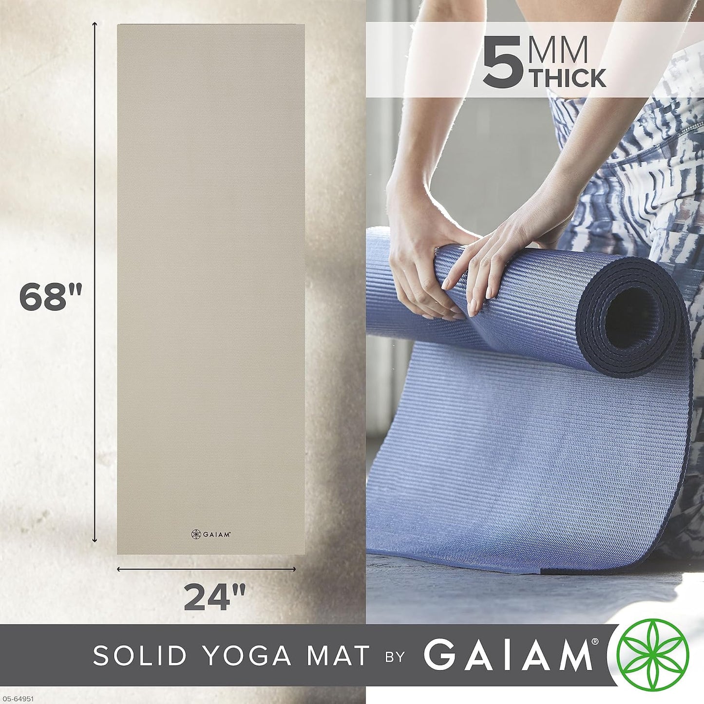 Gaiam Yoga Mat - Premium 5mm Solid Thick Non Slip Exercise & Fitness Mat for All Types of Yoga, Pilates & Floor Workouts (68" x 24" x 5mm)