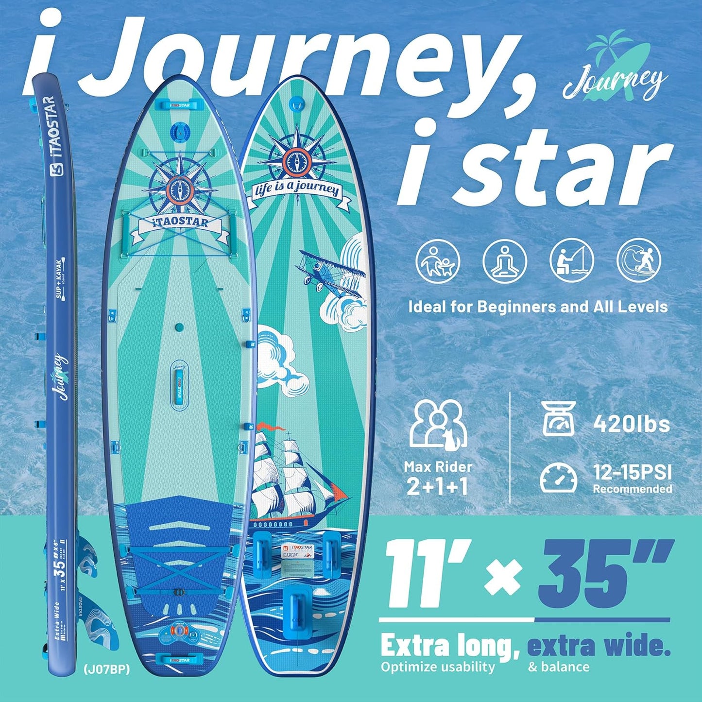 Journey 11'6" / 11'×34" / 11'×35" Extra Wide Paddle Board, One-Stop Premium SUP Board Accessories, Tailored Fins, Stable Inflatable Stand Up Paddle Boards for Youth/Adults of All Skill Levels