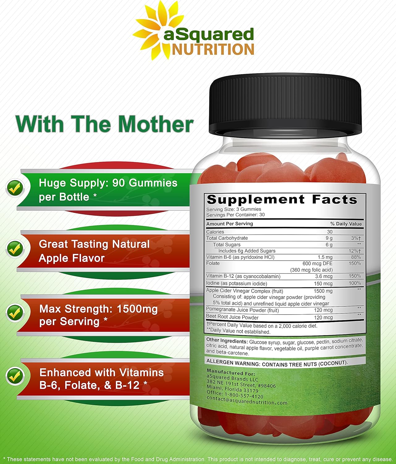 aSquared Nutrition Apple Cider Vinegar Gummies - 1500mg with The Mother - 90 ACV Gummies w/Vitamin B6 & B12, Folic Acid - Vegan Gummy Supplement Alternative to Capsules Pills & Drink