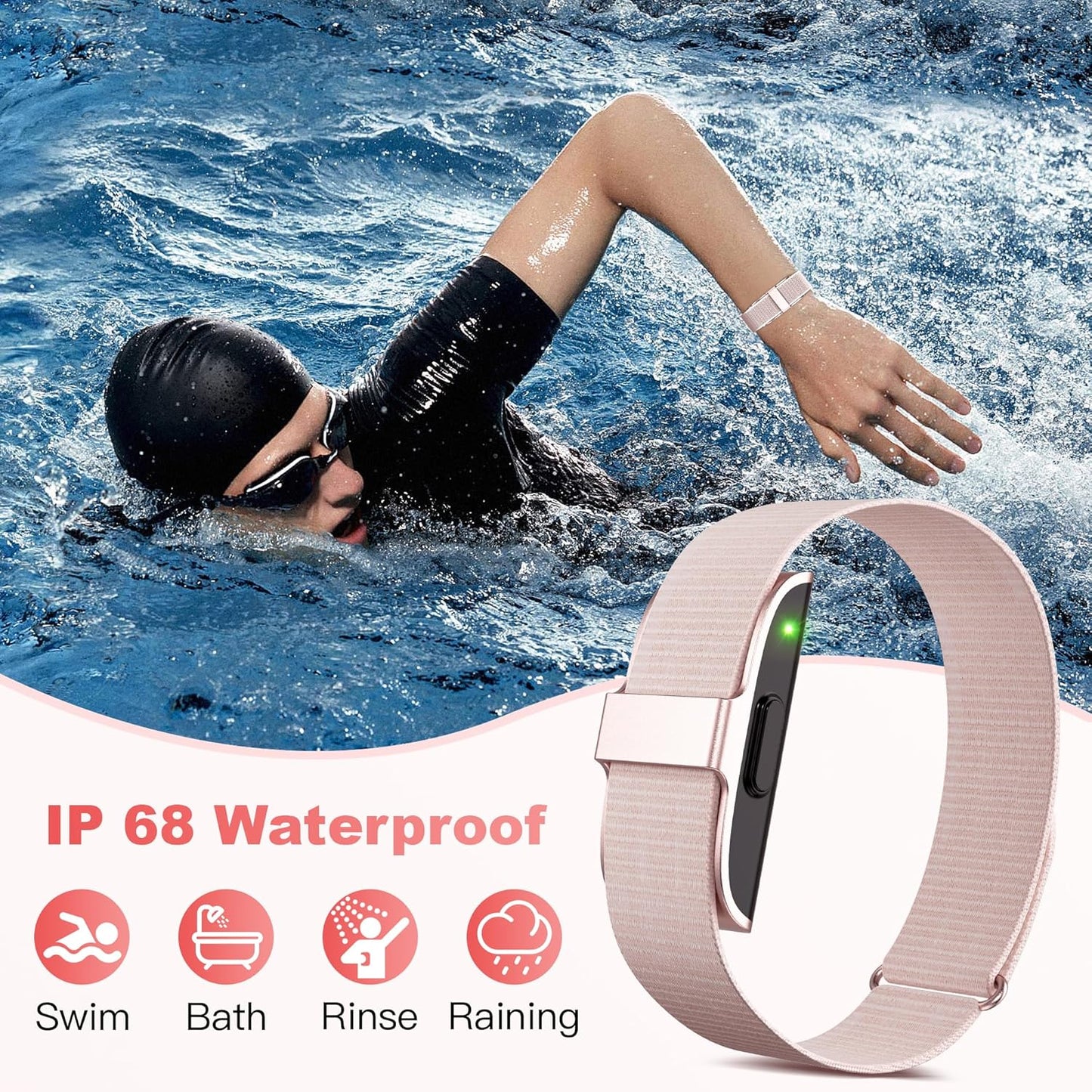 Sleep & Fitness Tracker Wristband for Women Men | 24/7 Heart Rate, Blood Oxygen & Stress Monitor | Step & Calorie Counter | IP68 Waterproof Activity Tracker, No Subscription Fee (Pink)