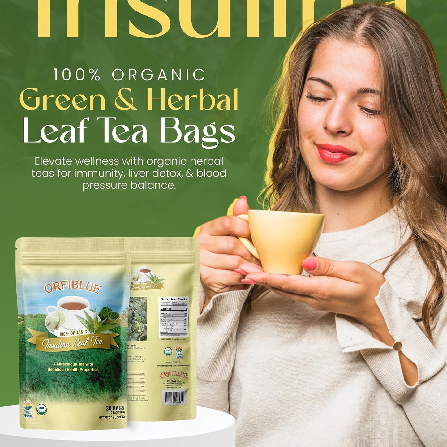 100% Organic Insulina Leaf Tea bags | Organic Herbal Teas | Premium Quality & Flavorful Blends - 0 Sugars, 0 Carbs, 0 Fats, 1% Sodium (25mg) | Rich in Vitamins - Detox, Immunity, Wellness & More