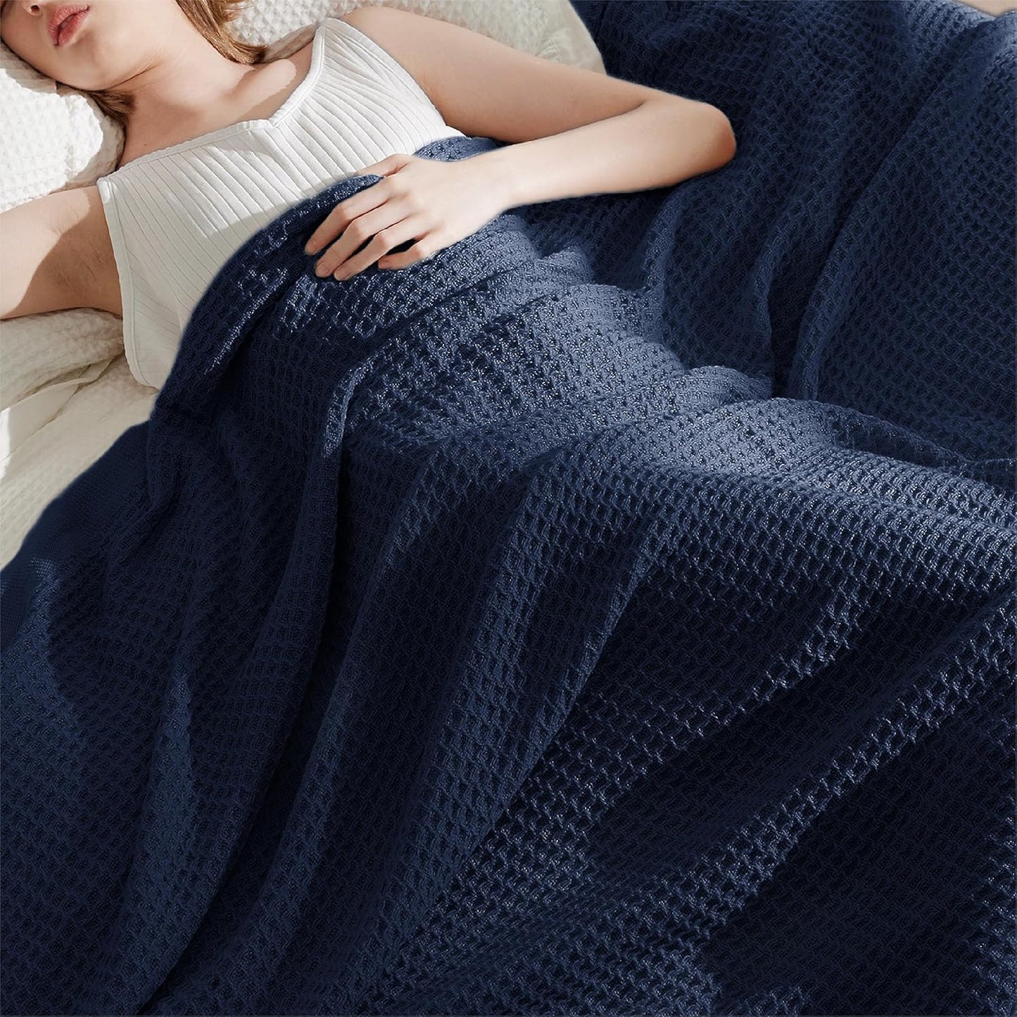 Bedsure 100% Cotton Blanket Twin XL Size for College Dorm - Breathable and Soft, Waffle Weave Twin Blanket for Summer, Dorm Room Essentials, Pageant Blue, 66x90 inches
