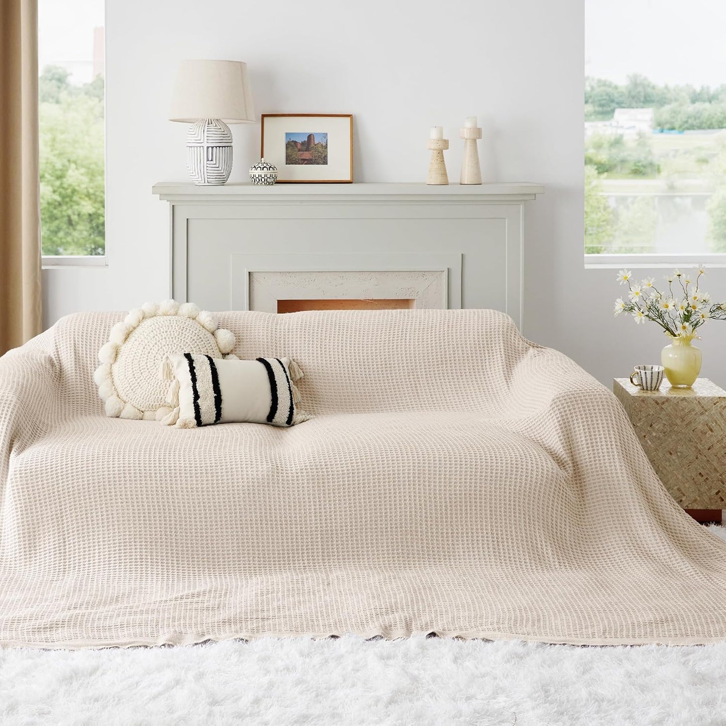 Bedsure 100% Cotton Large Blanket Oversized King for Bed - Breathable Thick Waffle Weave Blanket for Summer, Couch Cover, Khaki (a Little Bit Yellow), 120x94 inches