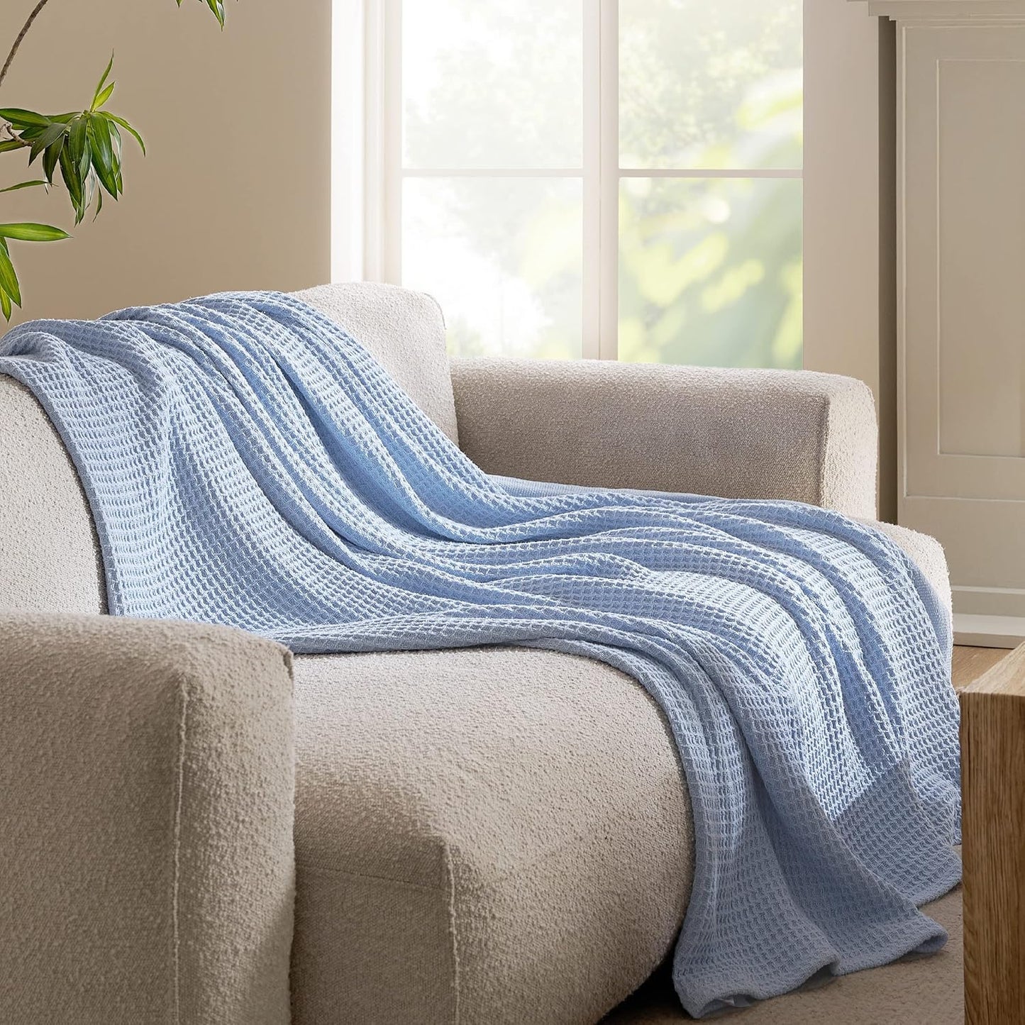 Bedsure 100% Cotton Blanket Twin XL Size for College Dorm - Breathable and Soft, Waffle Weave Twin Blanket for Summer, Dorm Room Essentials, Sky Blue, 66x90 inches