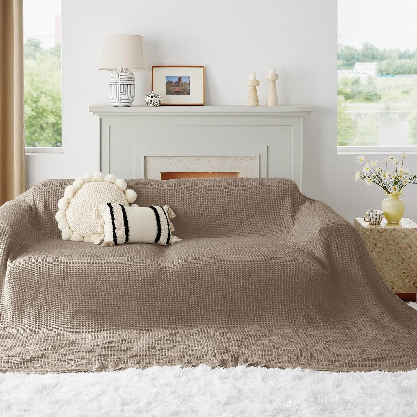 Bedsure 100% Cotton Large Blanket Oversized King for Bed - Breathable Thick Waffle Weave Blanket for Summer, Couch Cover, Taupe, 120x94 inches
