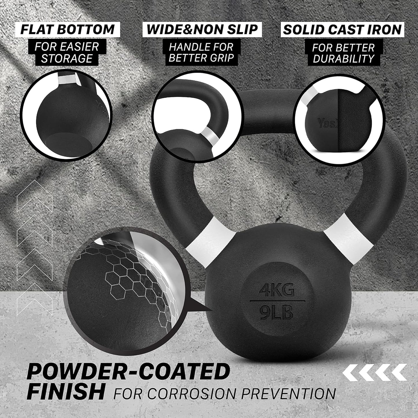 Yes4All Powder Coated Cast Iron Kettlebell Strength Training Kettlebells Weight Set for Full Body Workout, Home Gym
